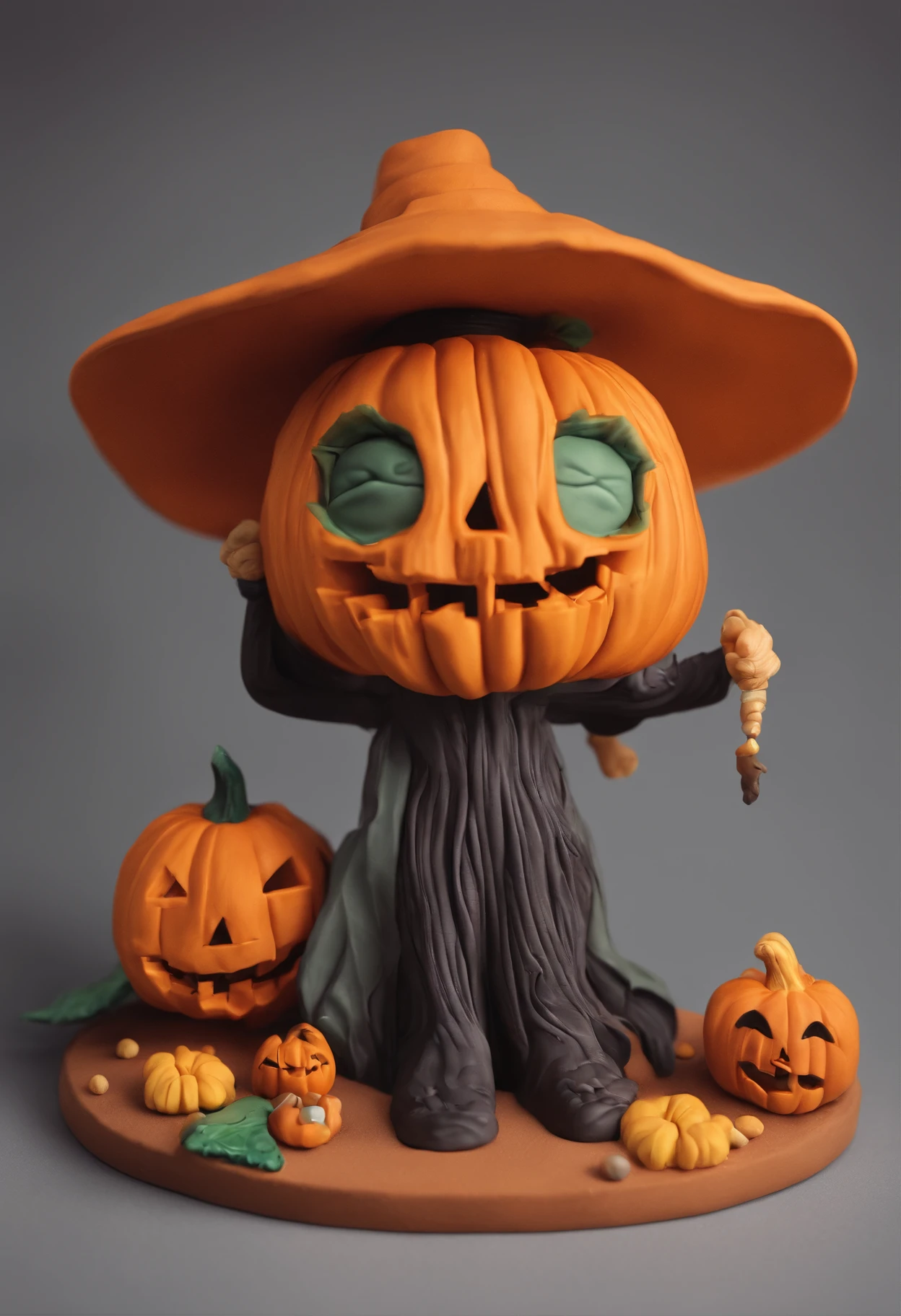 A close up of a figurine of a witch with a broom and pumpkins - SeaArt AI