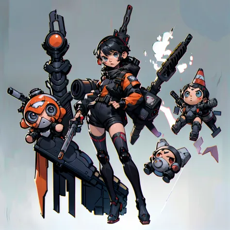 masutepiece, Best Quality, Full body shot, No background, White background, Black robot girl, Chibi, sniper rifle, rocket launch...