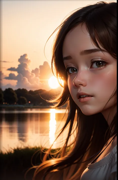 masterpiece, best quality, movie still, 1girl, cloud girl, floating in the sky, close-up, bright, happy, warm soft lighting, sunset, (sparks:0.7)