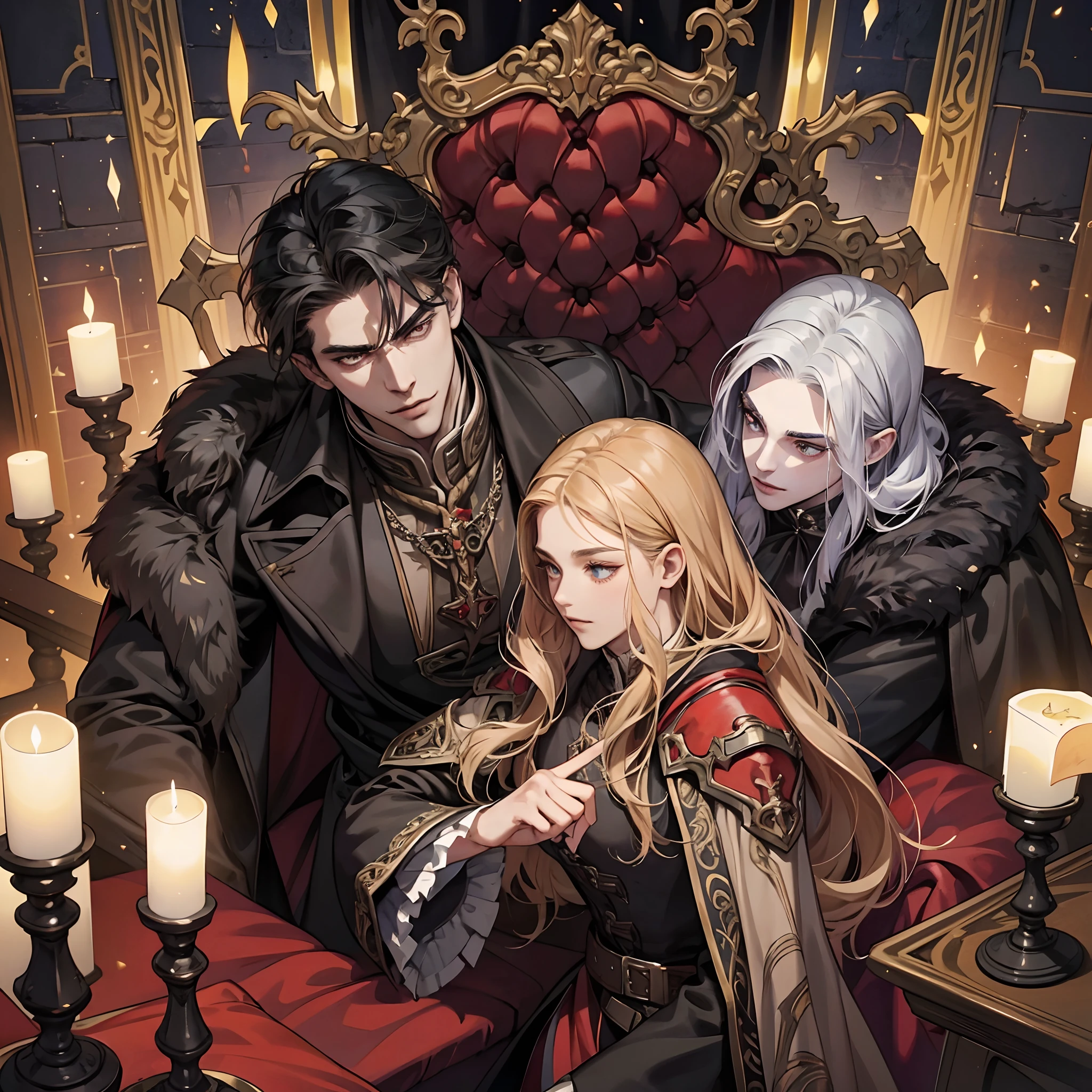 Castlevania Теневой Лорд красивый мускулистый Лорд Дракула в тронном зале  со своими солдатами смотрит на Карту завоеваний, обсуждая двух лордов,  демонстрирующих величие, старые сцены из кинематографических свитков фильма  Легендарная эпическая перспектива -