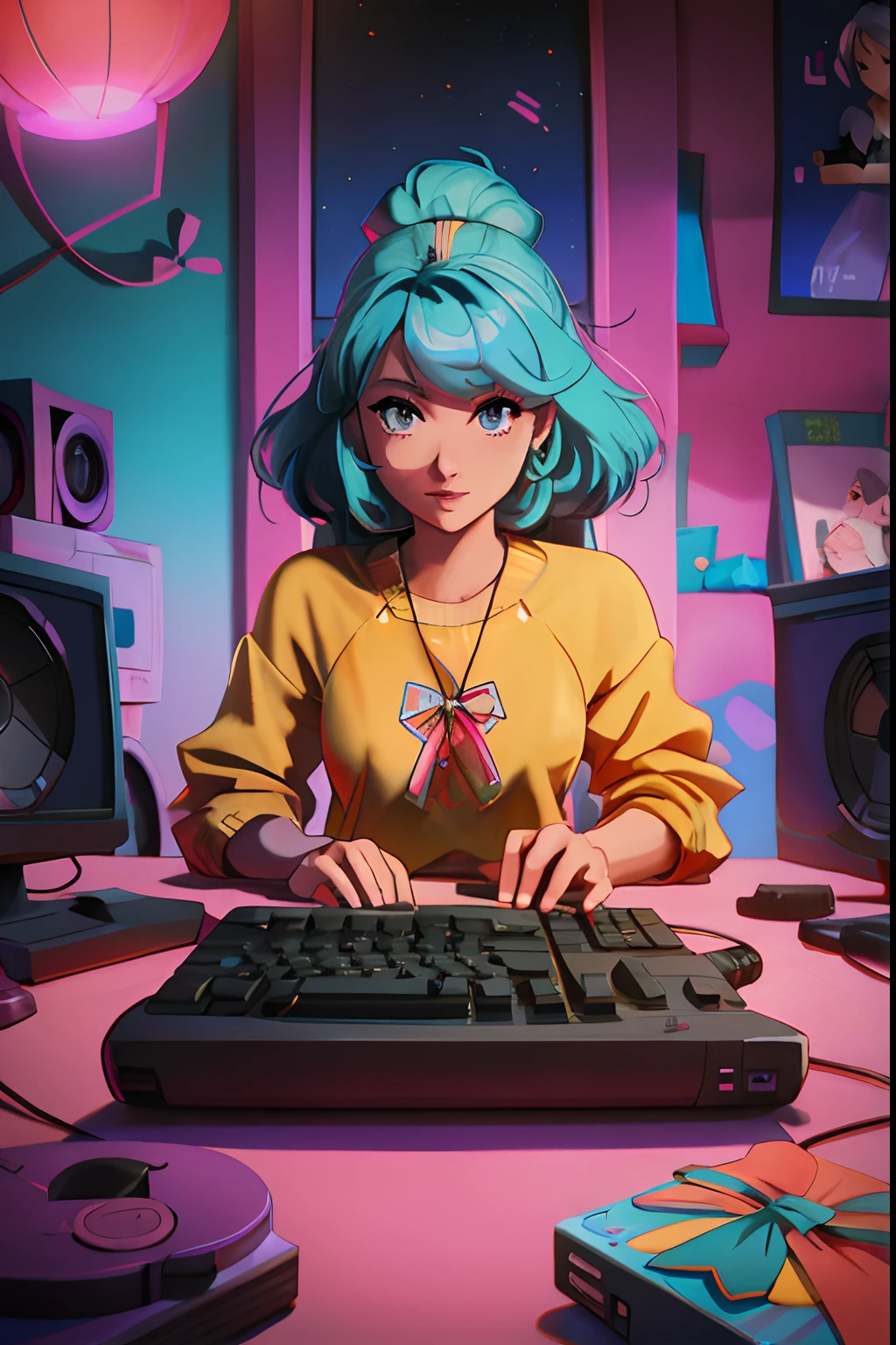 There's a woman sitting at a computer desk with a keyboard, estilo anime 4K, estilo anime. 8k, Cyber Escola Menina, Digital anime illustration, anime estilo 3d, 8 0 s vibe anime, menina lofi, Elogio Artstyle, deviantart artstation cgscosiety, Retrato Lofi, arte digital estilo anime, anime estilizado