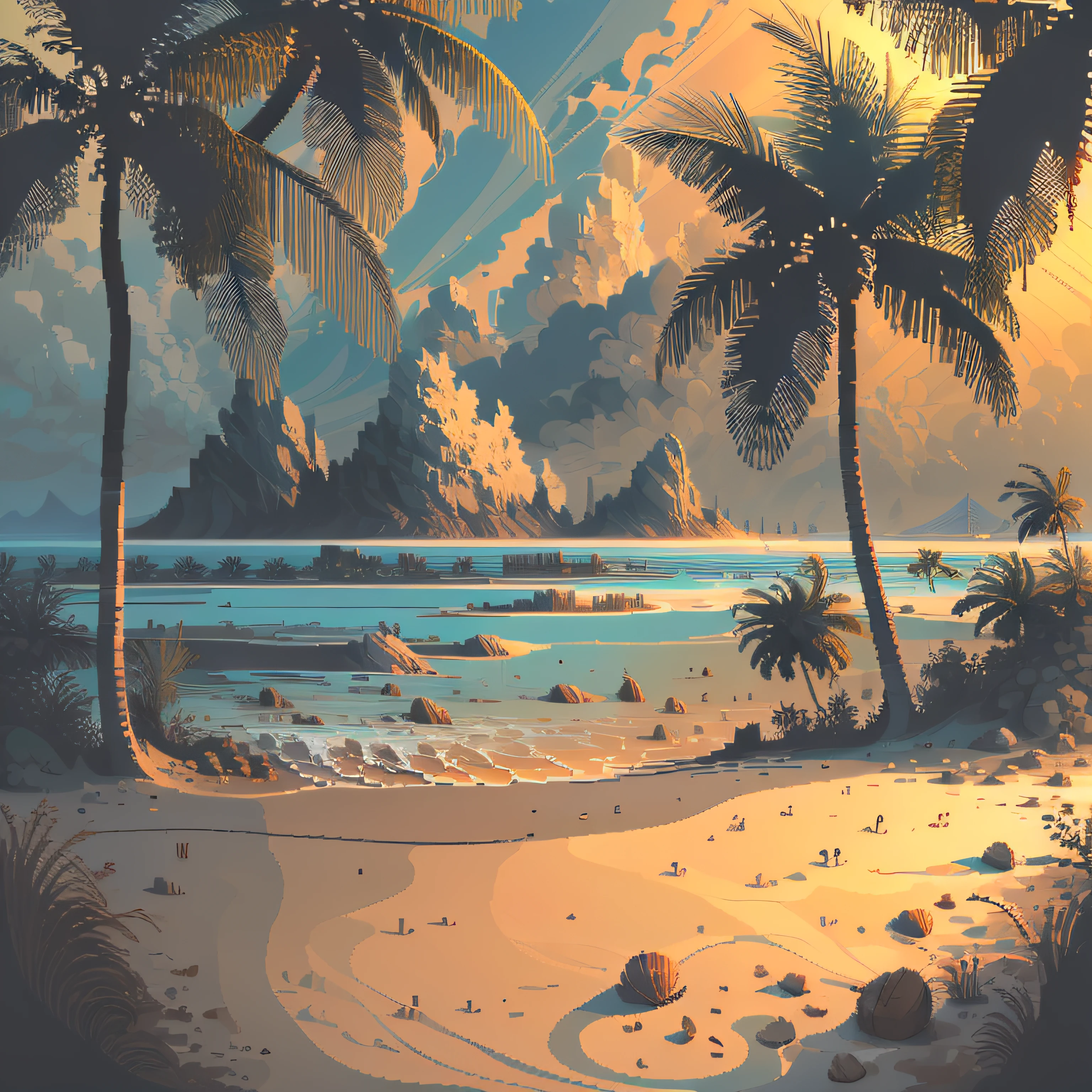 the sea，sandbeach，coconut palms，rays of sunshine，Open，pix，pixelart