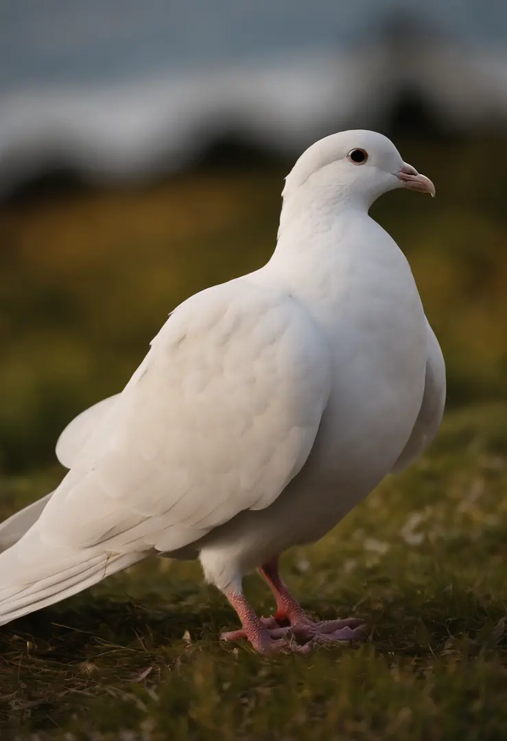 Por favor, Create an image of a white house dove that is floating gently in the air, as though she is dancing. I want the image to convey a sense of hope and tranquility. The house dove should look light and graceful, com asas brancas amplas que se movem s...