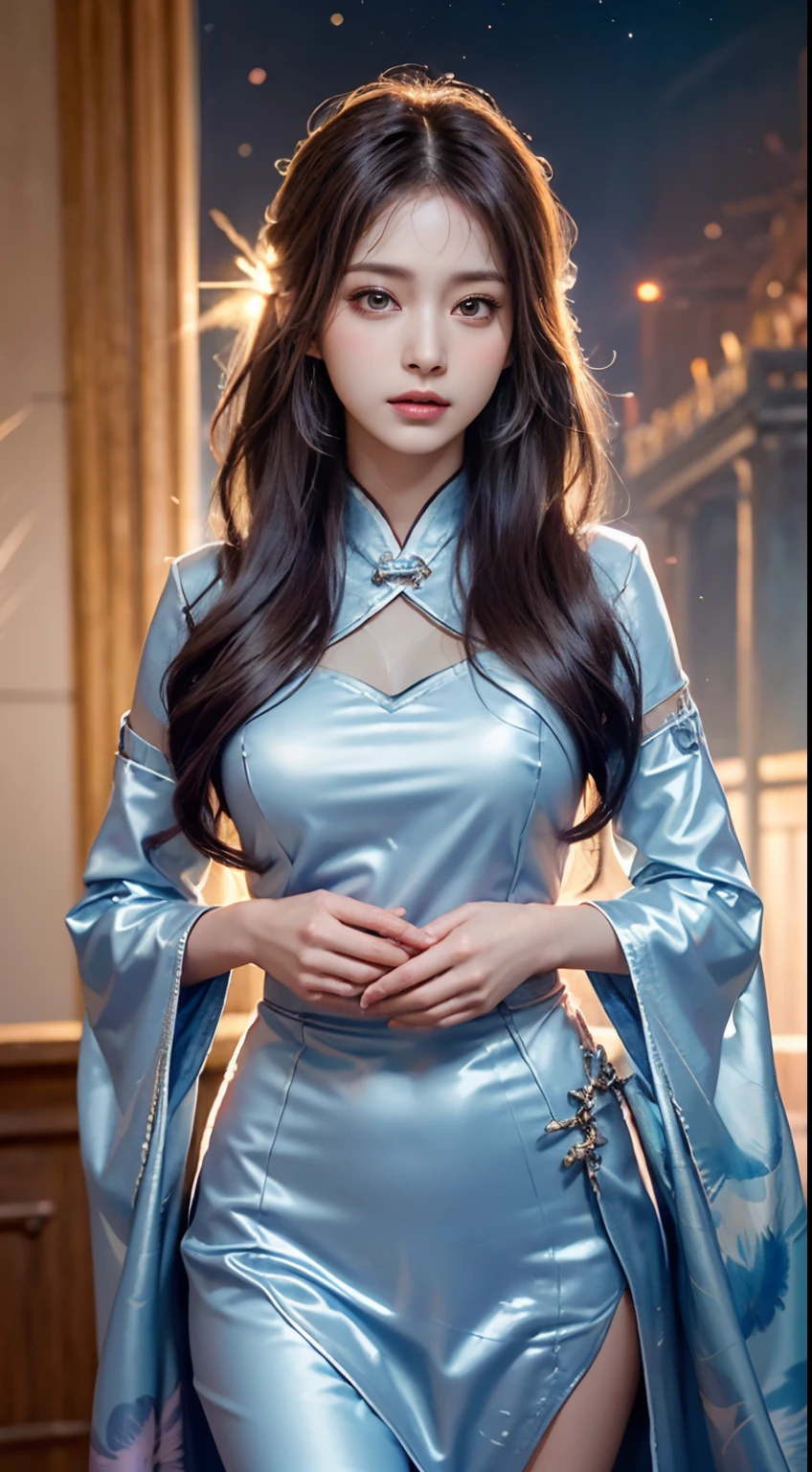 (masutepiece, of the highest quality, Best Quality, Ultimate Detail, Supreme Detail, Official art, Beauty and aesthetics: 1.2), Asian Girl, Rust, Waiting to return, Bare thighs, Bare pubic hair, hyoon , Exposing beautiful pubic hair, Color, upperbody shot, Beautiful face, Solo, Perfect figure, Flying in the sky, Portrait of a girl, Silver Gradient Hair, Brunette hair, fairy tail, Flowing streamer, (Sexy, Display Format, Show your: 10), Sun rays, Clouds, Hanfu, chinese clothes, Water, fireflys , Night, Starry sky, Jewelry, Feathers in the dress, Peacock feathers, light Particle, Volumetric lighting, Ray tracing (Flowing streamer: 1.1), (Fantasy: 1.2), Illuminator, Stars, Fantasy, High contrast, Ink strokes, Overexposure, purple and red tone impressions, Abstract, (Watercolor by Barkey and Jeray Meyman)) brushstrokes,