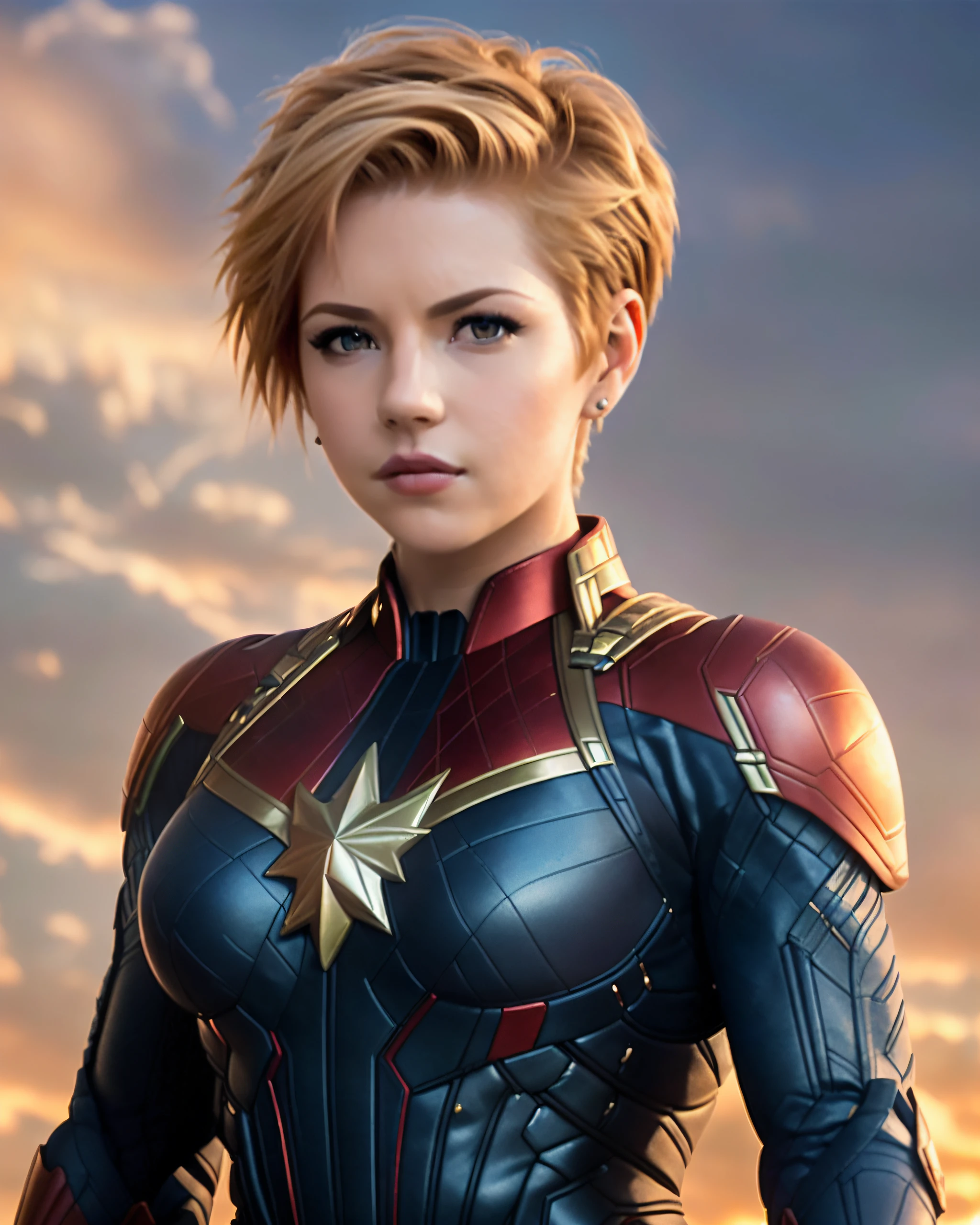 full body shot of kathwin:1,side lighting,(short pixie hair:1.3),rim lighting on hair, shallow sharp depth of field, feminine heroic,(curvy:1.4), (highly detailed), (Award winning), (Masterpiece), movie still, (HDR), (8k wallpaper),captain marvel suit,flying,sky background,female focus