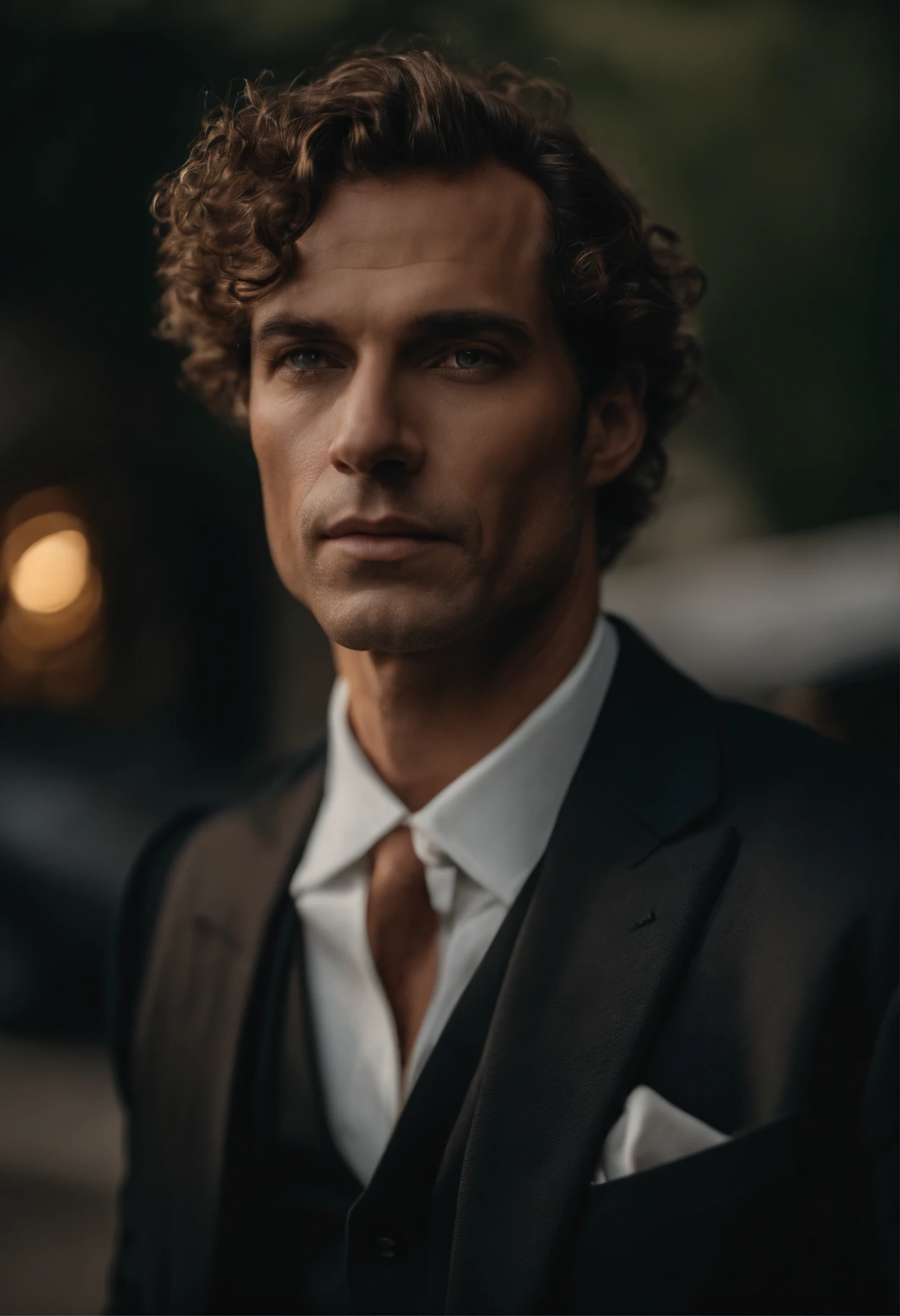 corps entier, wide-angle photo close-up portrait of the body of a handsome man , Grand et en forme, (40 ans:1.1), (shaven:1.2) , (curly short brown hair:1.2),(Cheveux courts:1.3). Dark brown tight velvet suit, (La veste a des motifs de fleurs noires:1.2). (posing outside the mansion with a luxury car:1.1), crowded street with cafes in the distance, Cold and dark sunset at dusk, (Edge Light:1.1),(Concentrez-vous sur les yeux), (angry look), (hard light on the skin:1.2), (ombres dures, dark themed, Contraste profond:1.1), (photographie de portrait par Annie Liebovitz), Dark mint theme and choral aesthetics, (skin imperfections)