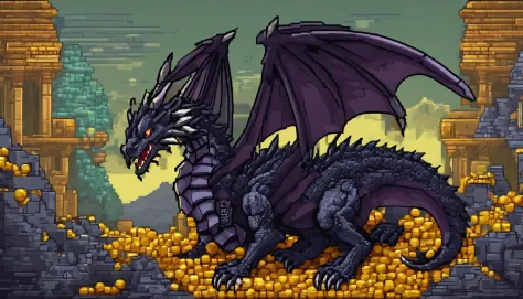 a dark dragon sleeping on tons of golds and jewelry