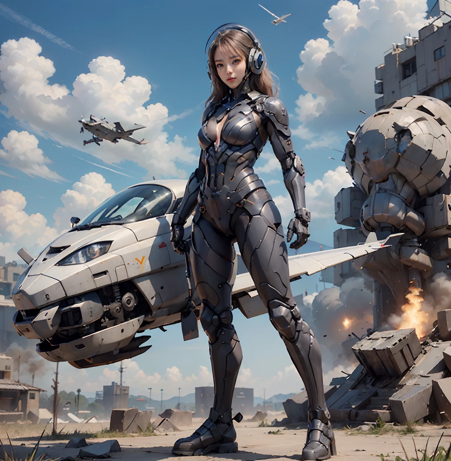 8K， best qualtiy， tmasterpiece， Ultra-high resolution， （Reality： 1.4），Girls send futuristic combat suits，Green pupils，Cloudy background，dark cloude，safe，Background of the air battlefield，Fallen plane，Flying anti-aircraft missiles，Exploding flameachine-made birds，Real women，cleavage，Real face，cute female ，ssmile，The perfect cyborg girl，Wearing sci-fi headphones， Beautiful female ，beautiful girl cyborg，silber hair，robotic hand，CG，(((Full body side shot，Standing on the ground)))