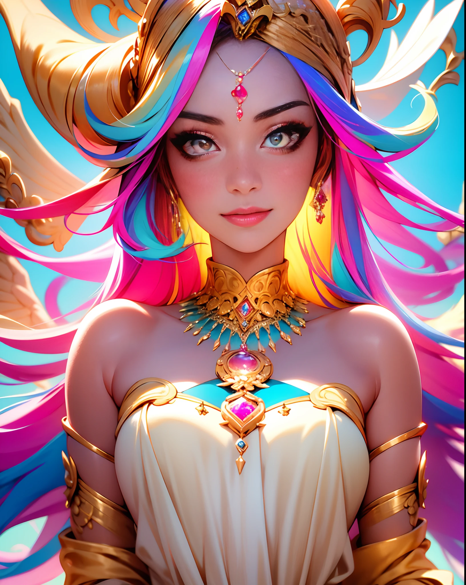 (highres,realistic) Gazing Goddess,mesmerizing gaze,charming beauty,divine aura,ethereal presence,flowing golden hair,pearlescent skin,shimmering gown,peaceful and tranquil expression,radiant smile,serene background,gentle sunlight,mystical atmosphere,vivid colors,supreme elegance,impeccable details,perfection in every feature,surreal beauty,artistic masterpiece,wonderful creation,dreamlike light,sublime artistry,exquisite craftsmanship,unforgettable impression,artistic finesse,subtle nuances,lifelike depiction,divine goddess presence,graceful posture,delicate facial features,enchanted by her beauty,gem like eyes, glowing eye, jewellery, full body view,((colourful hair 1.6)),((colourful eyes 1.6