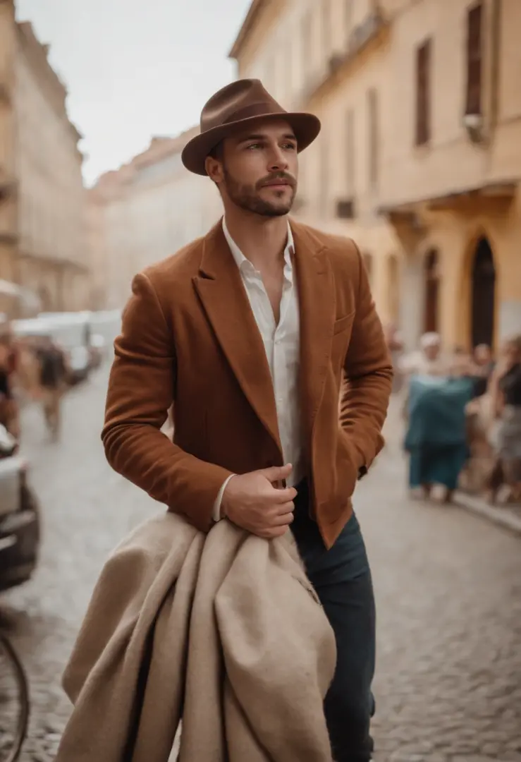 um homen usando chapeu,cidade ao fundo,roupas sociais