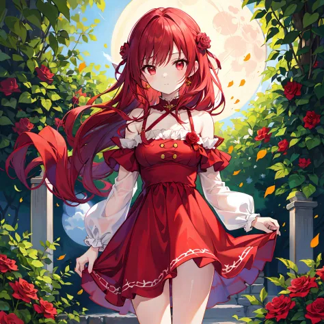 Wavy red hair、red eyes、Beautiful girl alone、Bright red dress、Bright red rose garden、a moon、Colored leaves