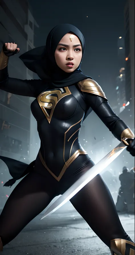 Compose a striking photography artwork featuring a Malay girl in hijab dressed as a superhero, wielding a blade as her weapon, caught in an intense and dynamic fighting action pose. Utilize dramatic lighting and high-speed photography techniques to freeze ...