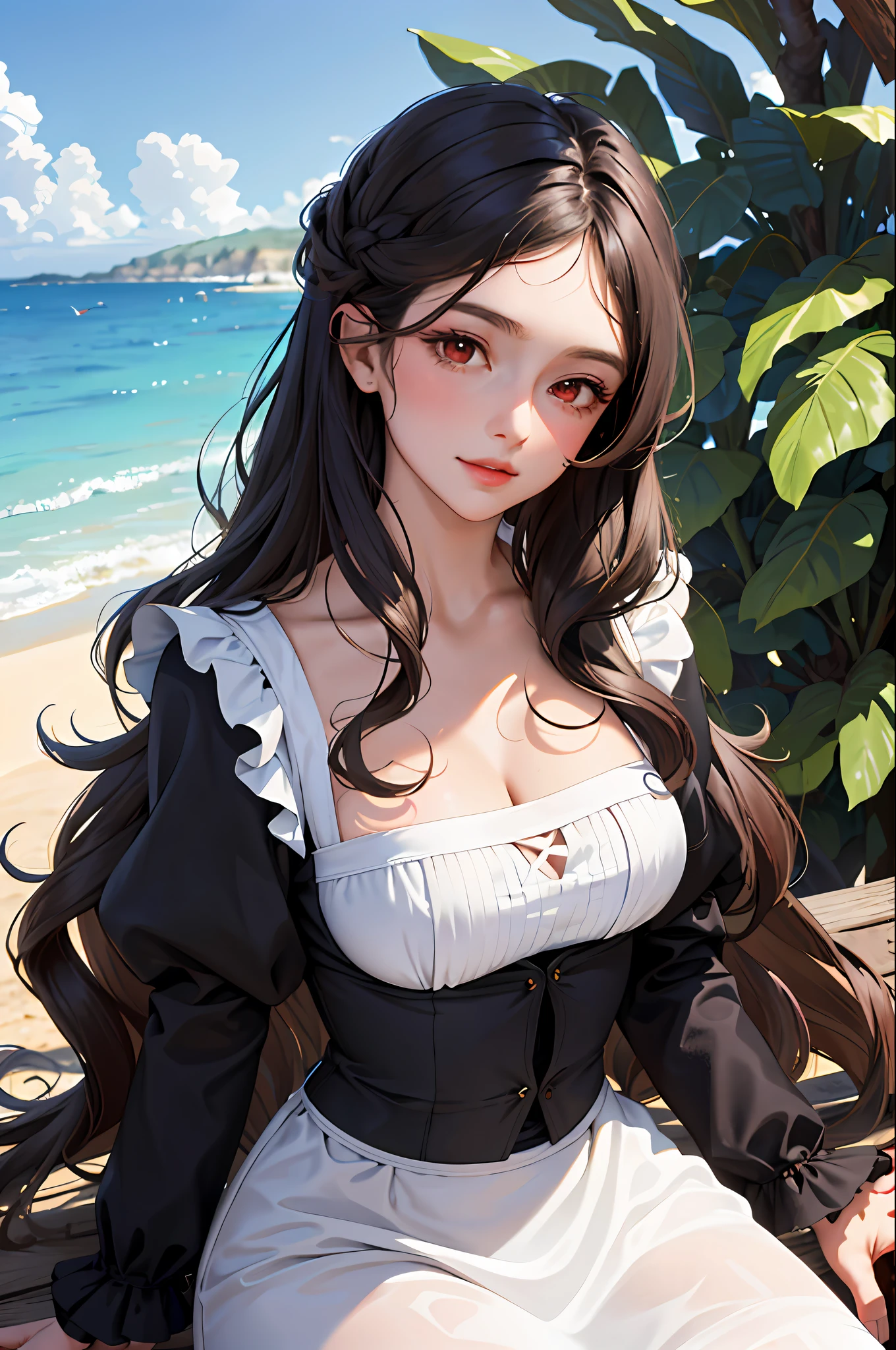 (masterpiece:1.2, best quality), (30 years old,solo, upper body:1.2), Clothing: maid attire, ((conservative attire)), Hair: loose beach waves, Makeup: natural, glowing skin, behavior: relaxed, carefree, free-spirited, location: beach, resort, sleeping against olive trees, outdoor festival, red eyes, large bust, no chest,