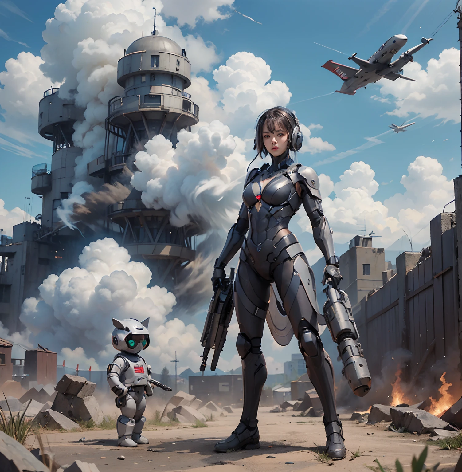8k， best qualtiy， tmasterpiece， Ultra-high resolution， （Reality： 1.4），Girls send futuristic combat suits，Green pupils，Cloudy background，dark cloude，safe，Background of the air battlefield，Fallen plane，Flying anti-aircraft missiles，Exploding flameachine-made birds，Real women，cleavage，Real face，cute female ，ssmile，The perfect cyborg girl，Wearing sci-fi headphones， Beautiful female ，beautiful girl cyborg，silber hair，robotic hand，CG，(((Full body side shot，Standing on the ground)))