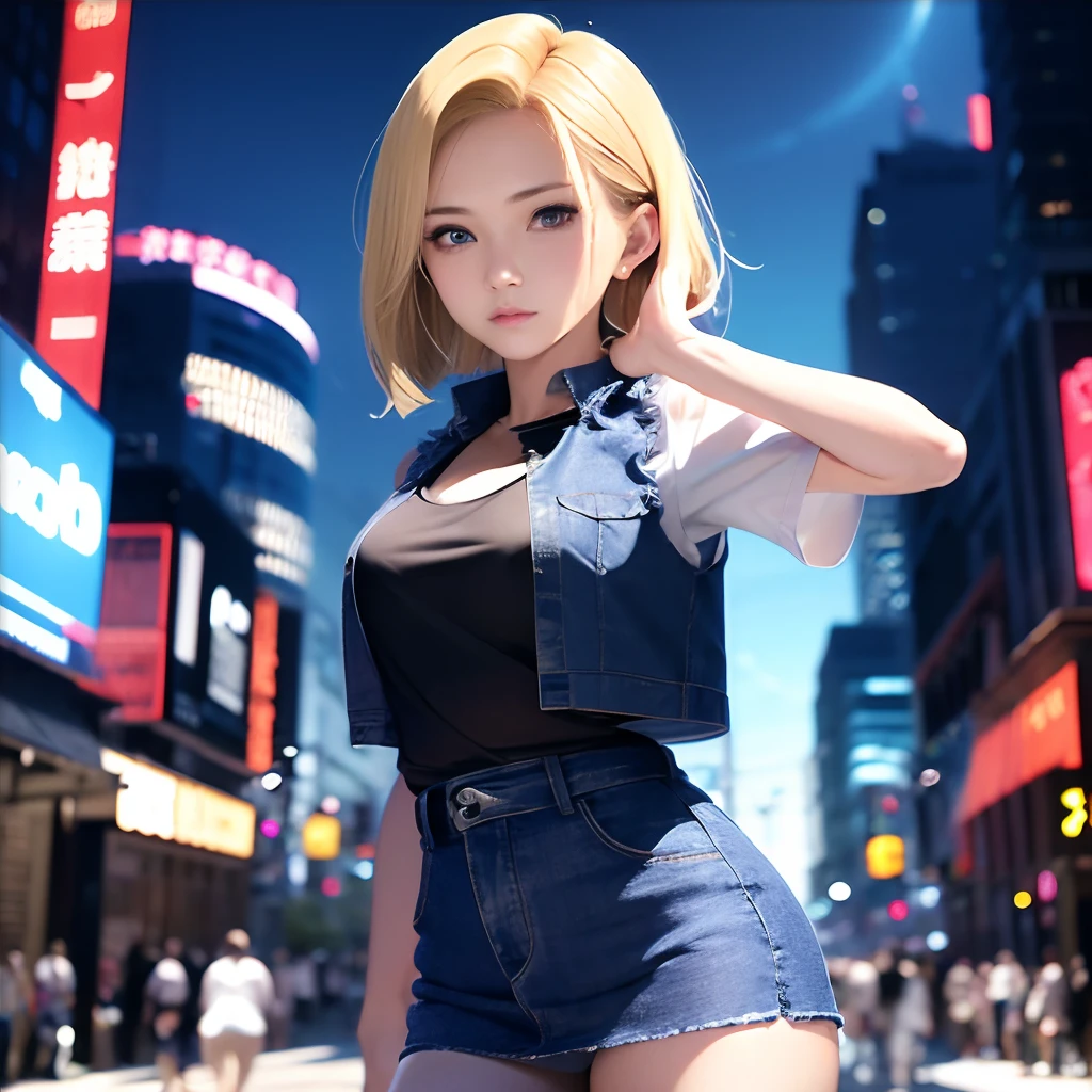 Martial Arts Champion、2３age、1womanl、Android 18、独奏、blonde  hair、((Blue eyes))、short-hair、耳Nipple Ring、jewely、Denim Vest、open vest、Black pantyhose、White shirt、Denim skirt、 Short sleeves with black stripes,,,,,, a blue skirt, middlebreasts, Cowboy Shots, Street,((Futuristic city background street))、8K、Ulutra HD、Sharp lines、top-quality、hight resolution、