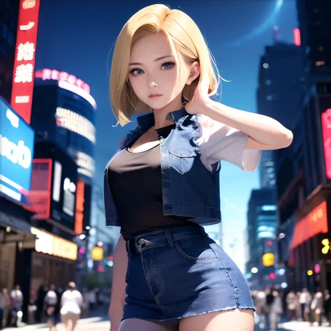 martial arts champion、2３age、1womanl、android 18、独奏、blonde  hair、((blue eyes))、short-hair、耳nipple ring、jewely、denim vest、open vest...