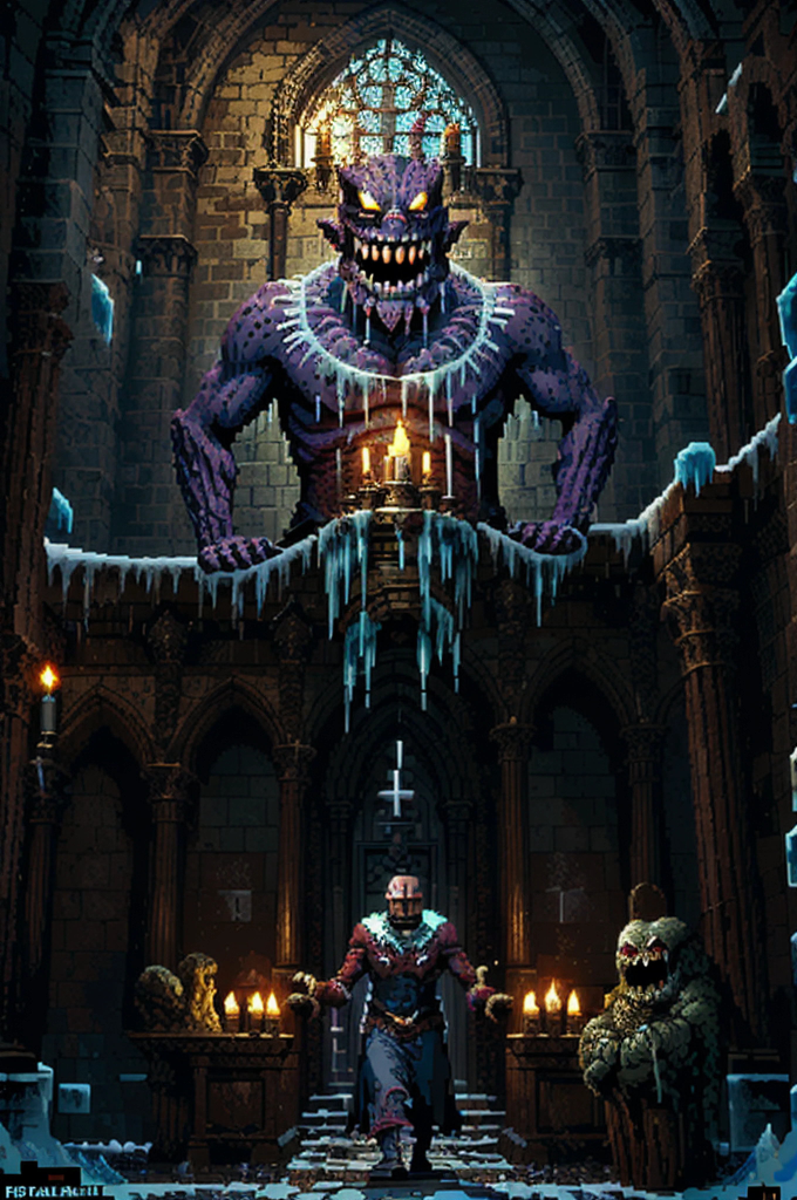 (arte de pixel:1.6), batalla épica contra el jefe (criatura horrible grito de hielo, múltiples ojos, sonrisa siniestra:1.2), dentro de una catedral gótica, luz de las velas