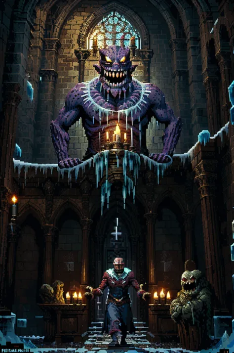 (pixel art:1.6), epic boss battle (ice scream horrific creature, multiple eyes, sinister smile:1.2), inside a gothic cathedral, ...