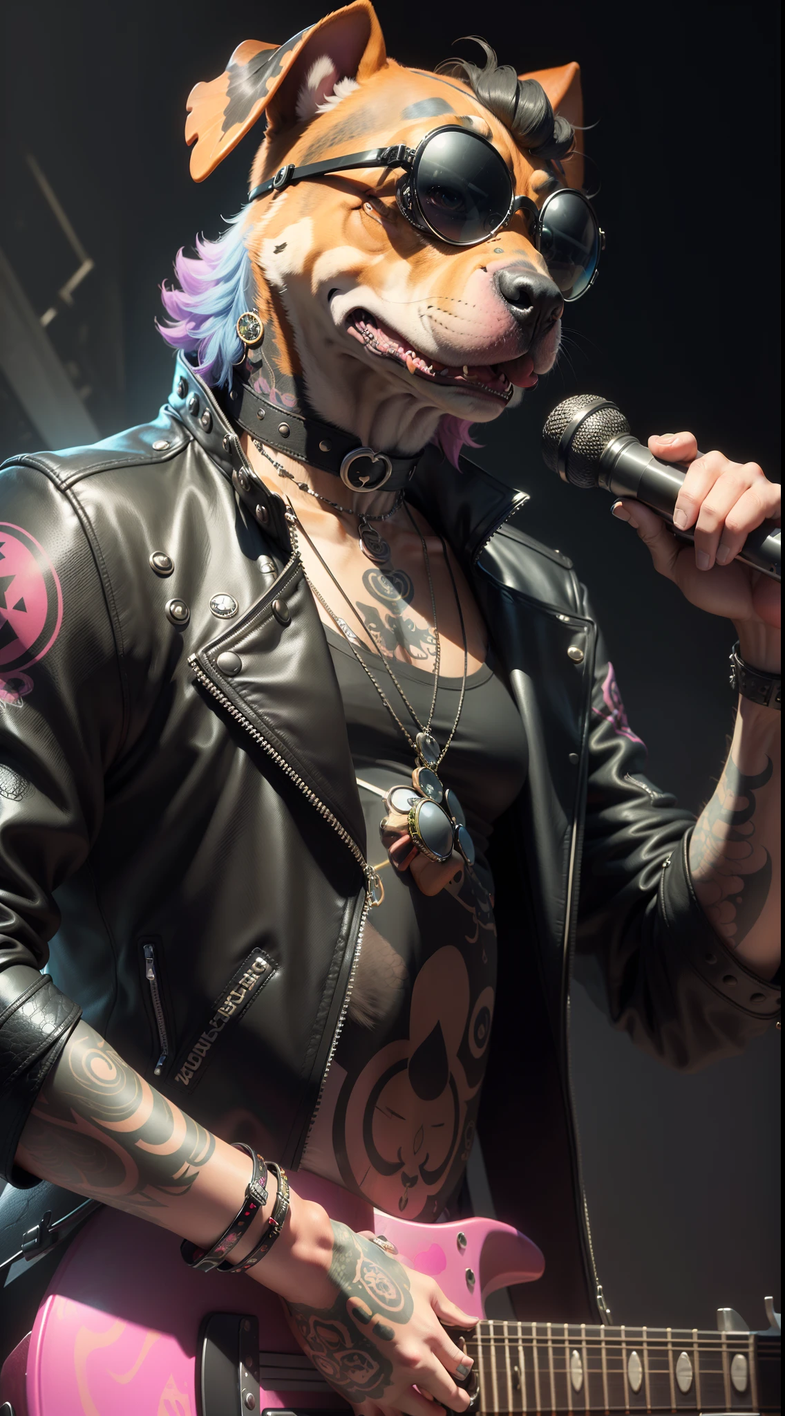 (1 cachorro （tartaruga antropomórfica，））usando uma gargantilha，com tatuagens, oculos de sol, jaqueta de couro preta,luva preta（Segurando uma guitarra de prata）Artista punk psicodélico