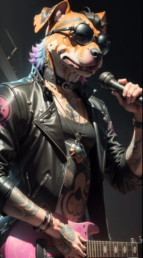 (1 dog （anthropomorphic turtle，））wearing a choker，with tattoos, sunglasses, Black leather jacket,black glove（Holding a silver gu...