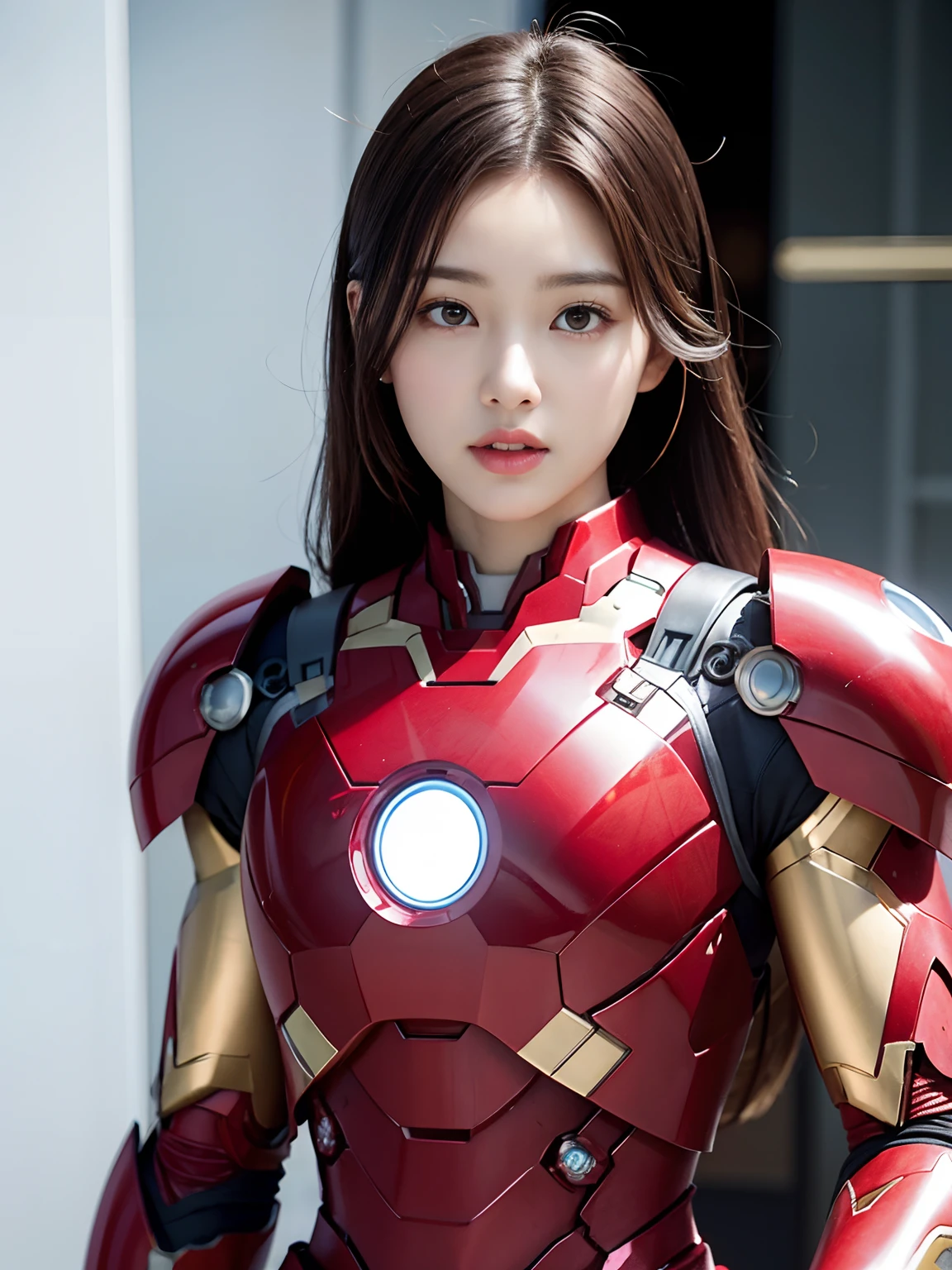 A close up of a woman in a red iron man suit - SeaArt AI