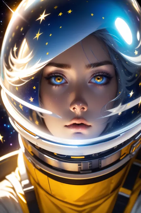 masterpiece, best quality, close-up, space, astronaut, silver hair, yellow eyes, messy hair, space helmet,colorful stars, radian...