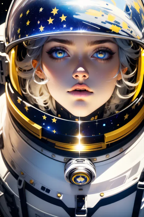 masterpiece, best quality, close-up, space, astronaut, silver hair, yellow eyes, messy hair, space helmet,colorful stars, radian...