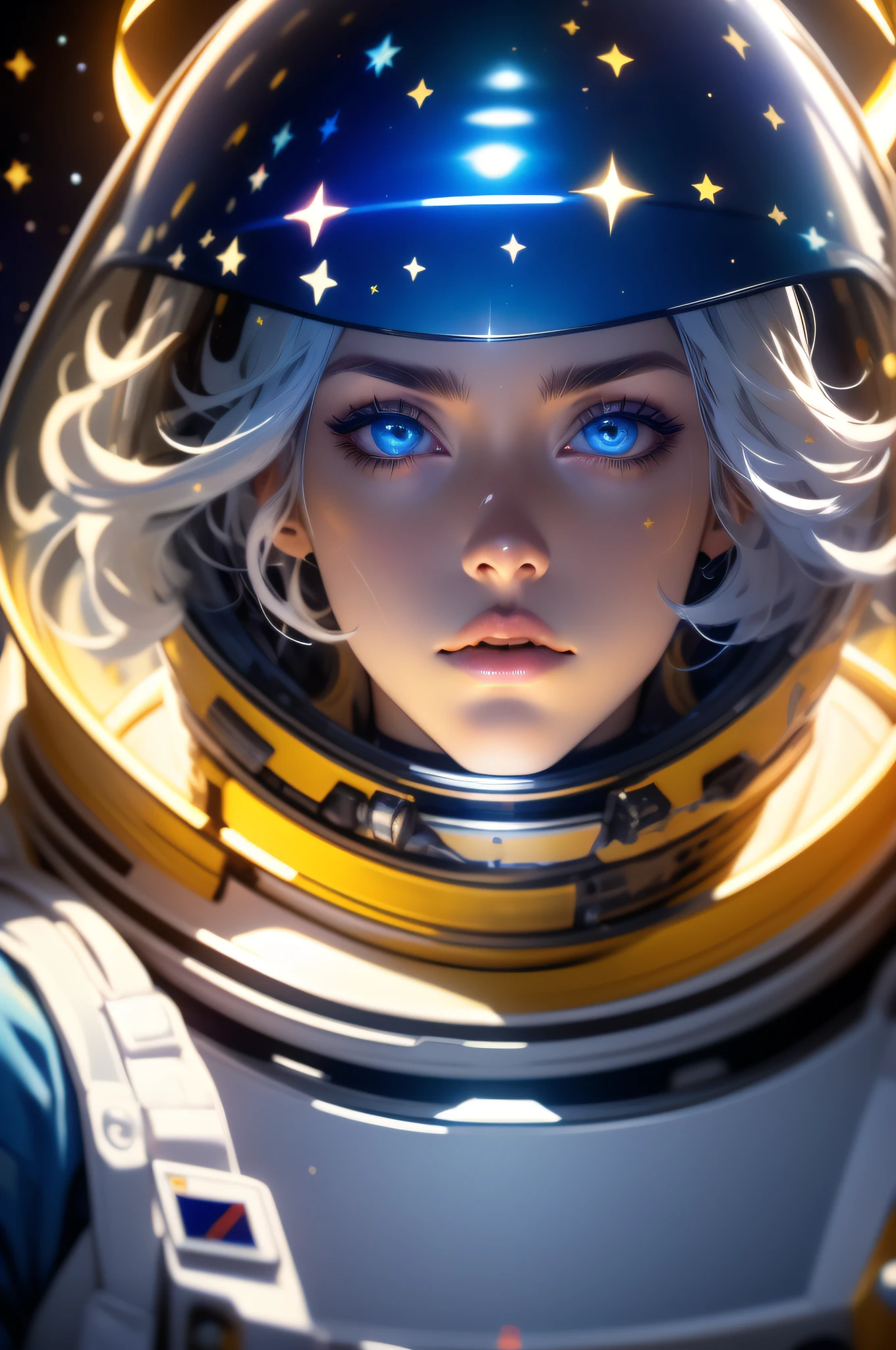 masterpiece, best quality, close-up, space, astronaut, silver hair, yellow eyes, messy hair, space helmet,colorful stars, radiant light, heterochromia, big lips, blue eyes,