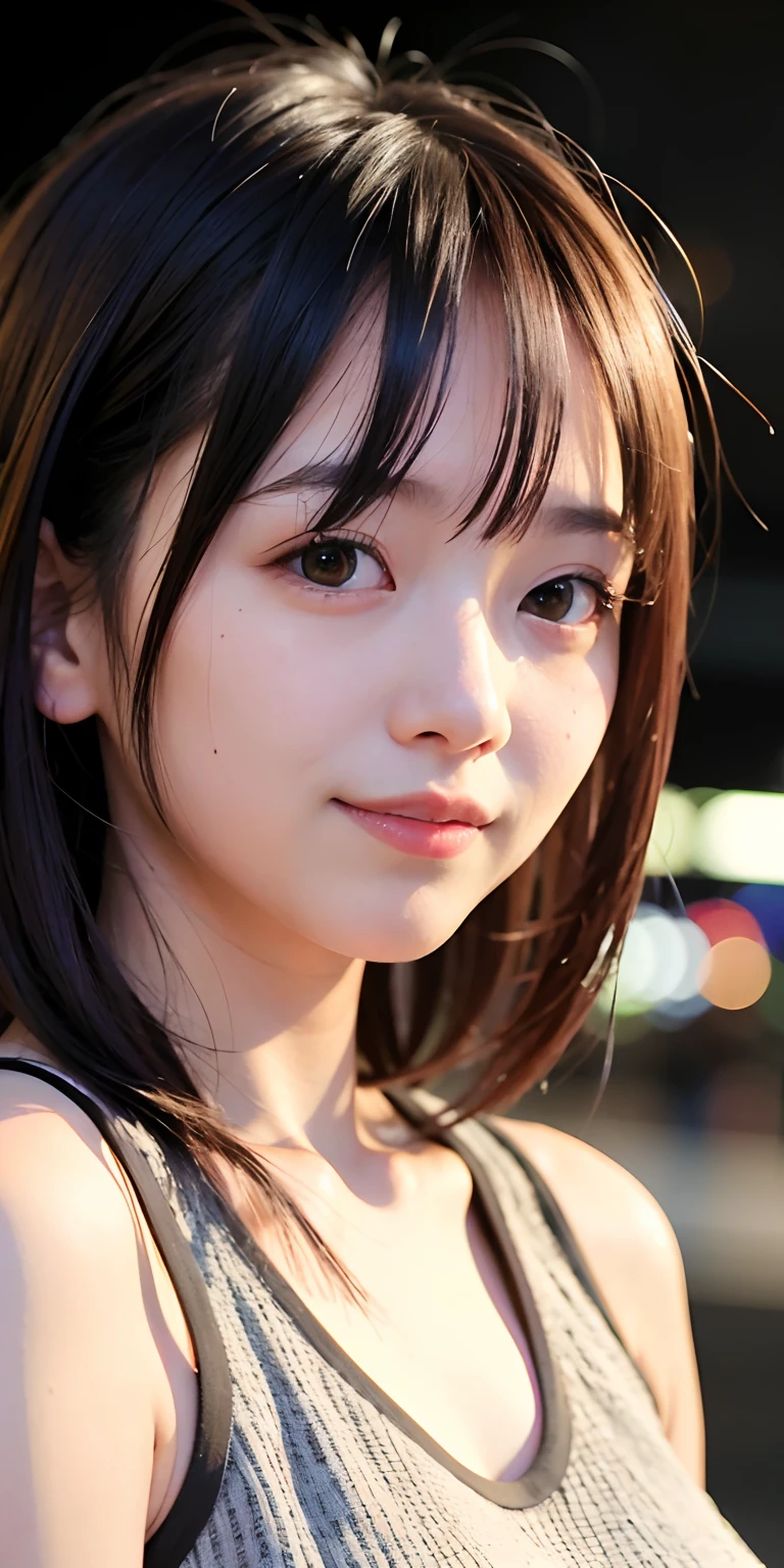 1 girl, Tokyo street, night, cityscape, city lights, upper body, close-up, blouse, smile, (8k, RAW photo, top quality, masterpiece: 1.2), (real, photoreal: 1.37),