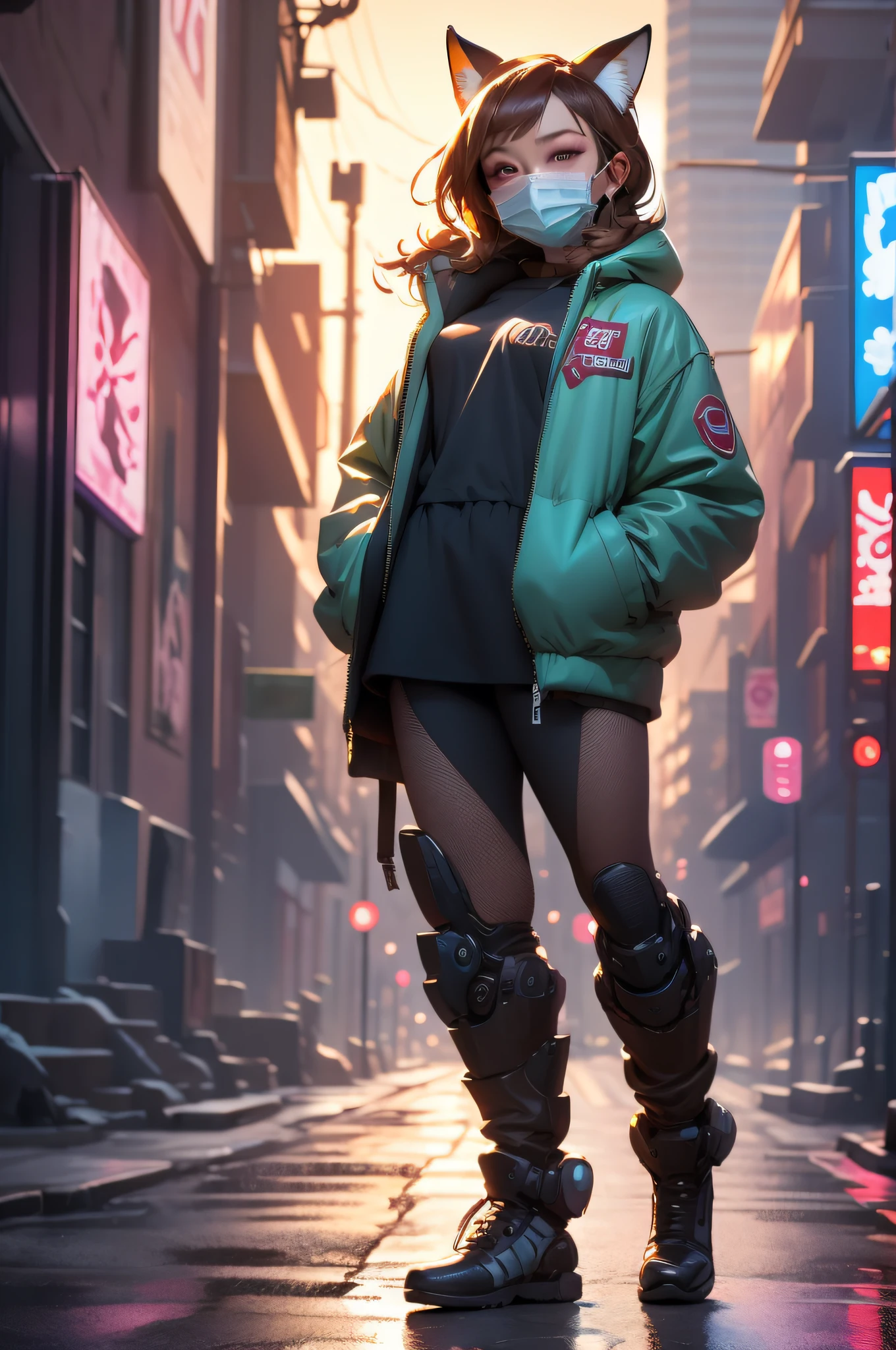 full body, cowboy shot, Masterpiece:1.2, high quality, best quality, high resolution, detailed, hyper realistic, 1girl, medium brown hair, blue eyes, head tilt, sunset, birds flying, cherry blossom, closed eyes, smile, showing teeth, (detailed face), ((sharp focus)), (full body shot), neon signs, ancient ruins, robot (robot fox face mask), (fishnet)