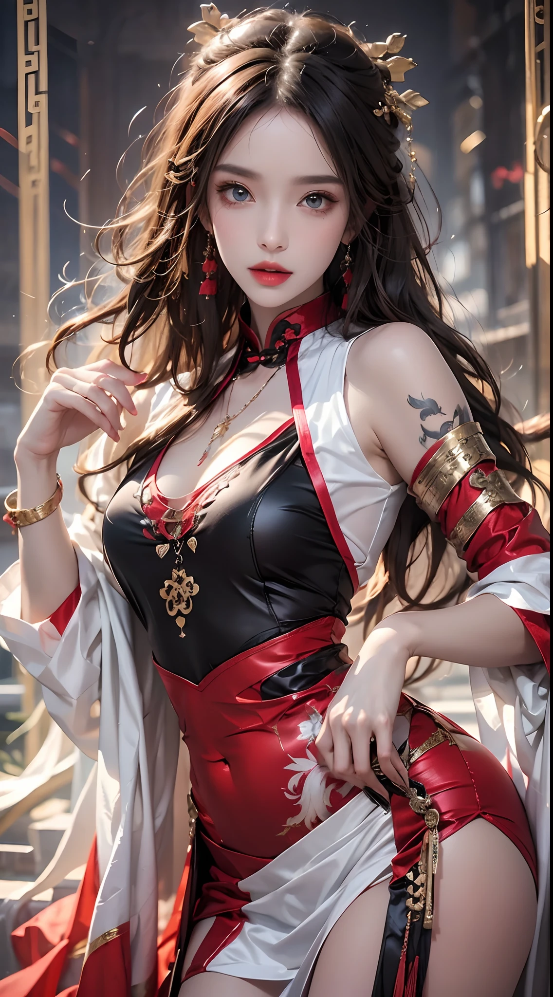 Photorealistic, high resolution, 1 woman, hips up, Beautiful eyes, Long hair, ringed eyes, jewelry, tattoo, hanfu, Chinese fairy, taoist uniform