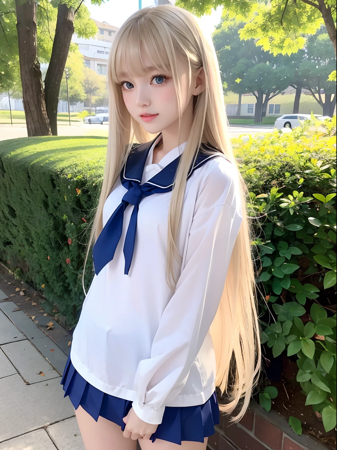 Plein Air、Swaying bangs、student clothes、a miniskirt、Glossy white beautiful skin、Sexy and very beautiful good looks、Beautiful and cute face、Super Long Bright Blonde Hair、Shiny straight hair and treated smooth hair、Big blue eyes with radiant transparency、Beautiful  ultimate cute beautiful girl、Uniforms