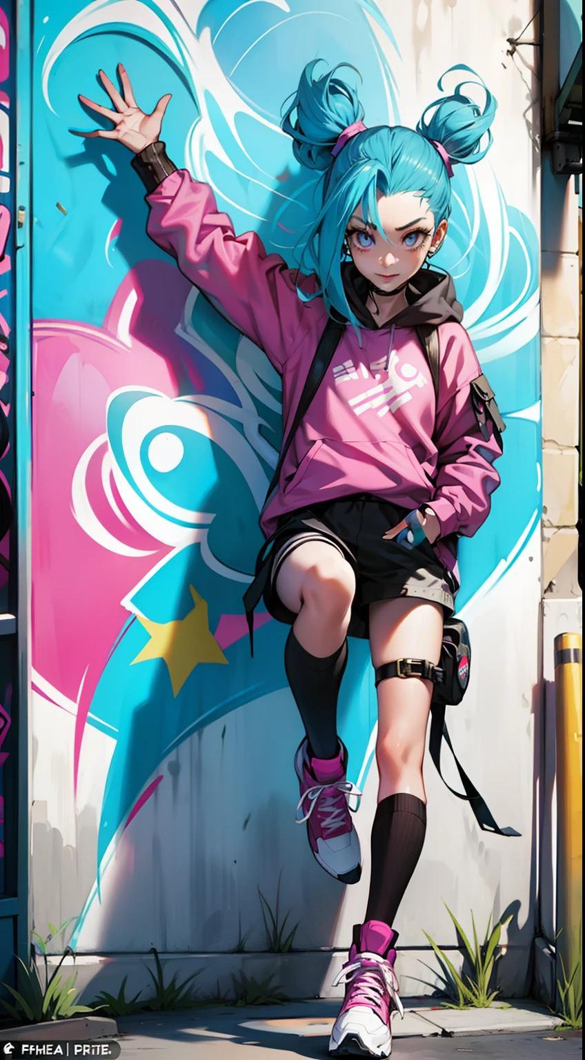 Energetic graffiti: Decorate the walls around Jinx, Energetic graffiti depicts her misadventure, Add a touch of urban art to the scene.