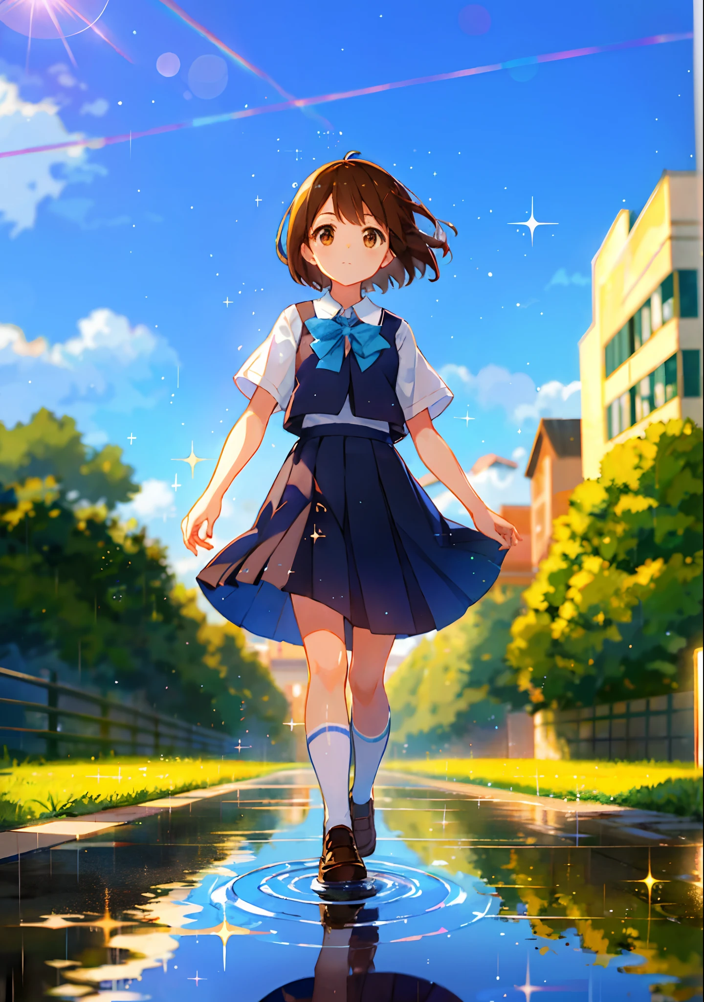 (solo), cute little (1girl) walking,path,[from below:1.2],brown hair,sine short hair,brown eyes,puddle,Water Reflection,rain,floating water drop,hydrangea,(blurry foreground),dynamic angle,asphalt,(blue sky),lens flare,school uniform,(glitter:1.2)