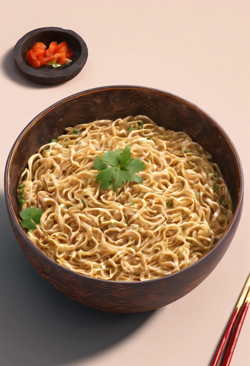 A close up of a bowl of noodles with chopsticks and a bowl of sauce ...