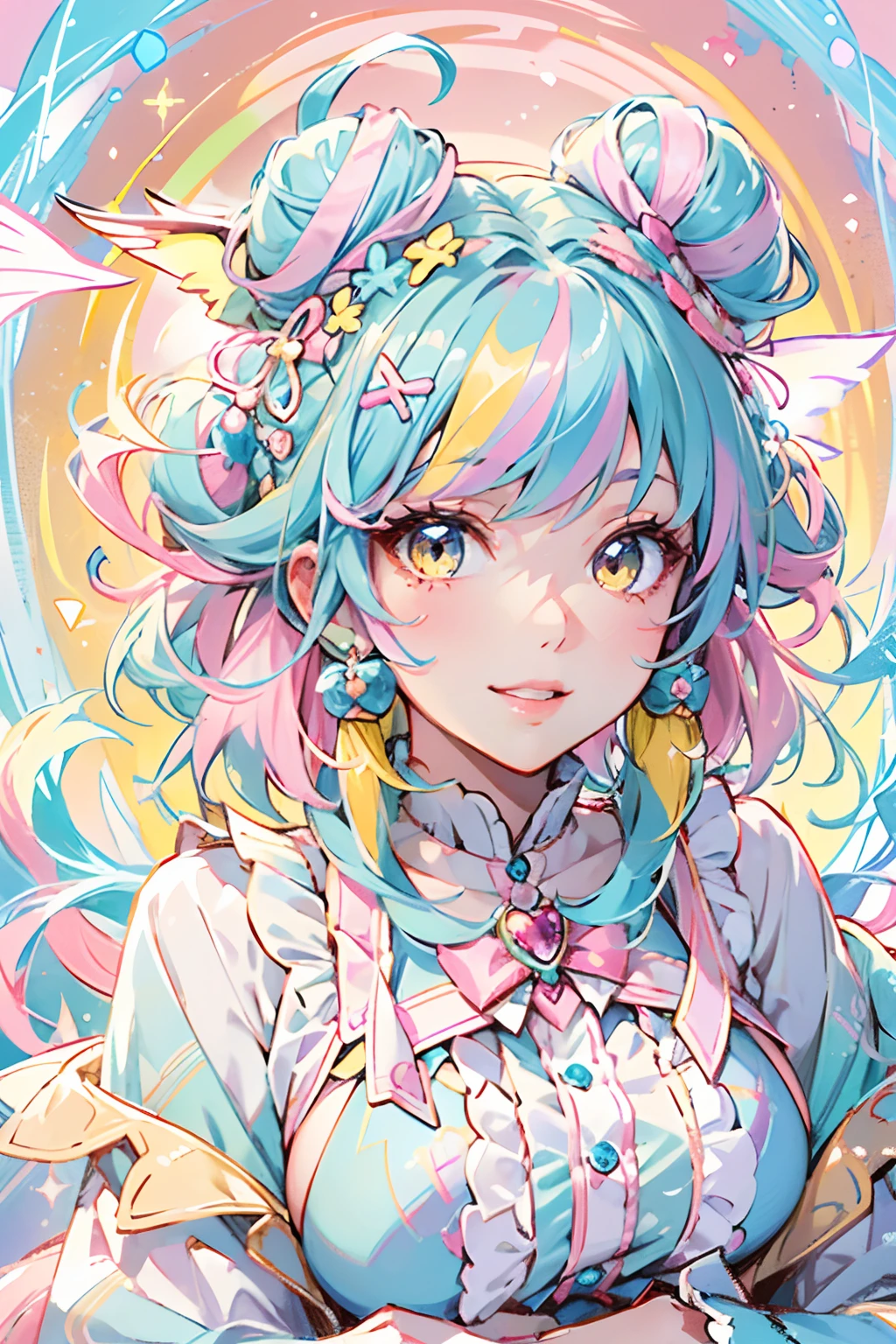 rainbow eyes,beautiful as a fairy,A melancholy expression that stirs affection,side face,floating hair,light particles,glare,vivid,fancy,dreamlike,a dim atomshpere, kawaii, cute, adorable woman with pink, yellow, and baby blue color scheme. She is dressed in sky-themed clothes made out of clouds and sky motifs. Her outfit is fluffy and soft, with decora accessories like hairclips. She embodies the vibrant and trendy Harajuku fashion style." horns, demon wings, big boobs,big ass, big lips, juicy lips, huge hair, smile, short hair with buns, yellow eyes