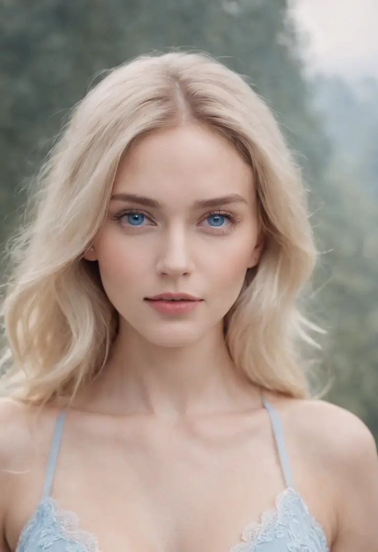 Blonde woman posing with blue eyes and white bra top in photo, wear bikini, pale bluish skin, Inspired by Ana de Armas, ethereal beauty, color portrait, beautiful pale makeup, pale blue eyes, pastel blue eyes, pale blue skin, incredibly ethereal, a stunnin...