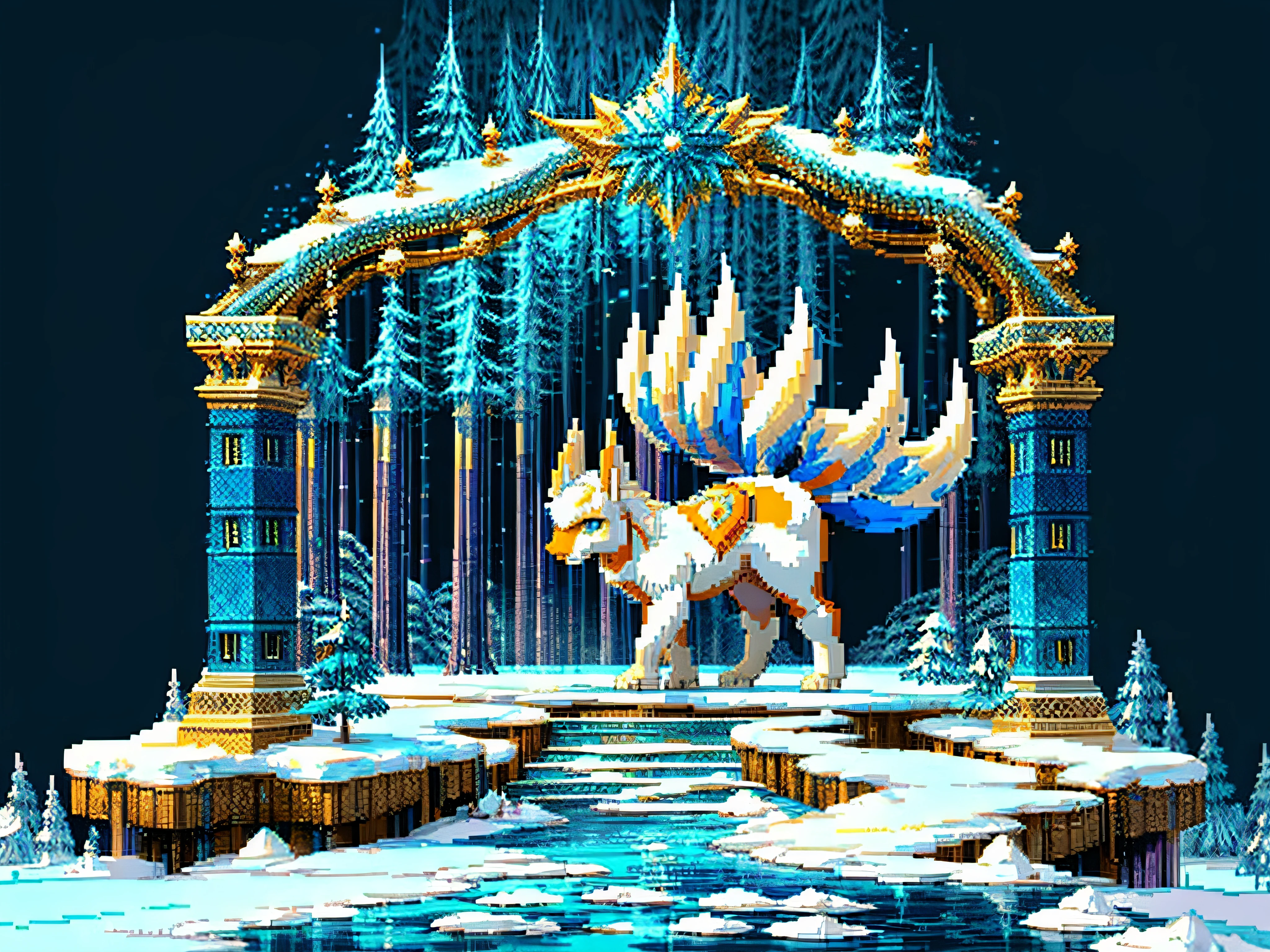 In a snowy pixel art style, imagine a game scene inspired by Pokemon Green featuring an Alolan Ninetales. The scene is set against a snowy background, with intricate details and vivid colors. The Alolan Ninetales stands gracefully in the foreground, its long and elegant tails flowing behind it. Its beautiful, detailed eyes and face capture your attention, while its exquisite, icy blue fur glistens in the winter light. The scene is rendered in high resolution, with sharp focus that highlights every pixel and brings the artwork to life. The lighting is soft and warm, casting a gentle glow on the snowy landscape. It is a masterpiece that combines the charm of old-school pixel art with the enchanting world of Pokemon.