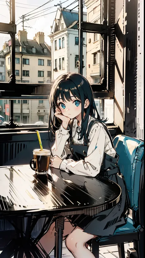 wallpaper, 1girl sitting in a coffe shop, table, window, cute, gorgeous, minimalistic