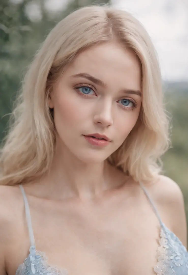 Blonde woman posing with blue eyes and white bra top in photo, wear bikini, pale bluish skin, Inspired by Ana de Armas, ethereal beauty, color portrait, beautiful pale makeup, pale blue eyes, pastel blue eyes, pale blue skin, incredibly ethereal, a stunnin...