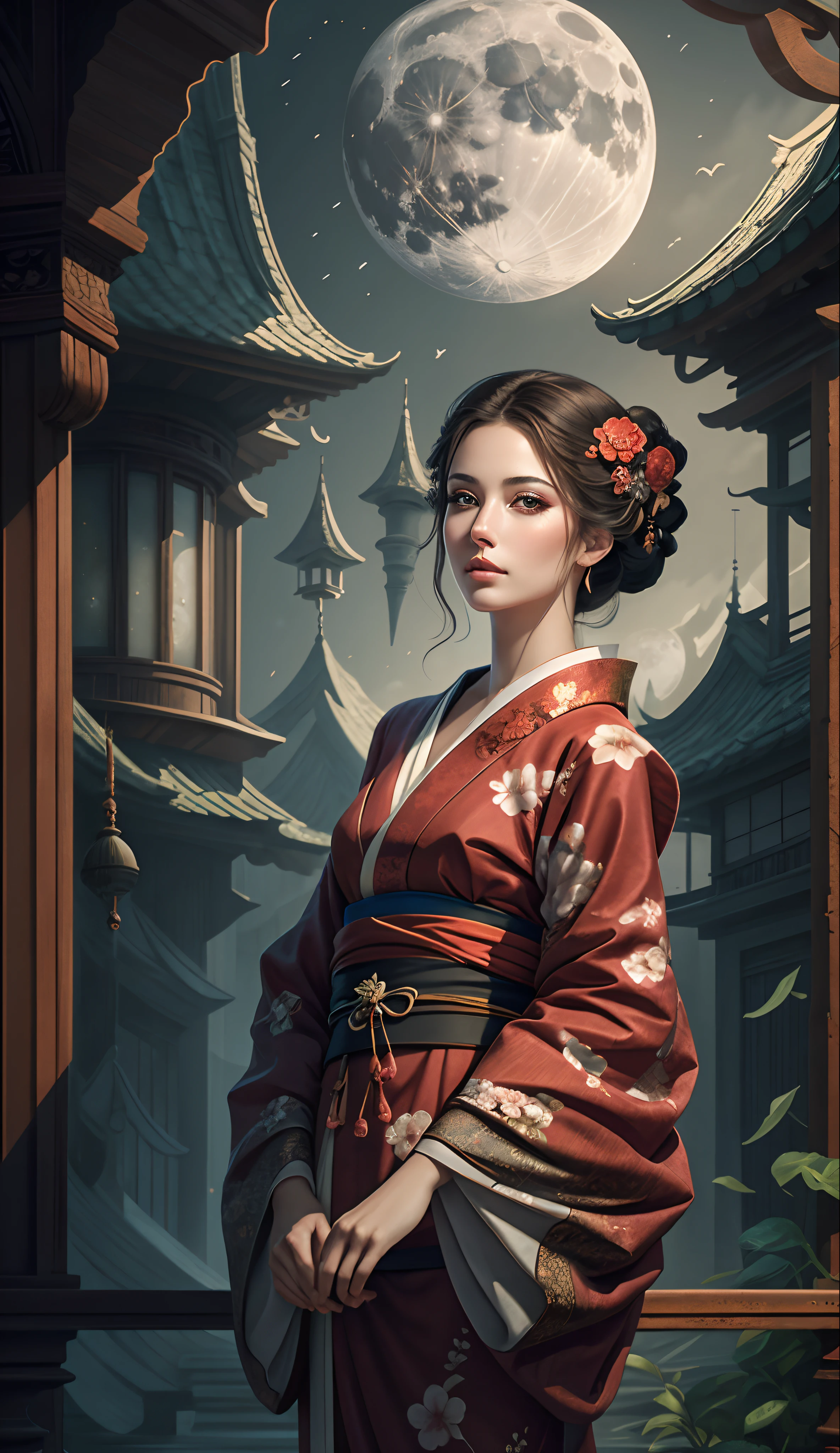 Uma mulher bonita em um quimono vermelho e preto, bela renderização de um conto de fadas, no estilo da arte em papel, pintura de lindo, linda como a lua, obra-prima muito intrincada, metal pintado,  bela obra-prima intrincada, Múltiplas Camadas, Misterioso --auto