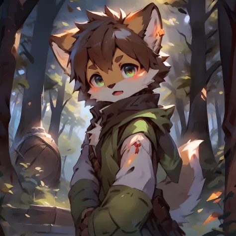 A curious male fox cub pokes its head out of a cozy fox den in the forest. He has orange fur, bushy tail, Cheer up your big furry ears. He wears the green adventurer's hat and scarf. His eyes were bright and surprised as he looked at the study in the dense...