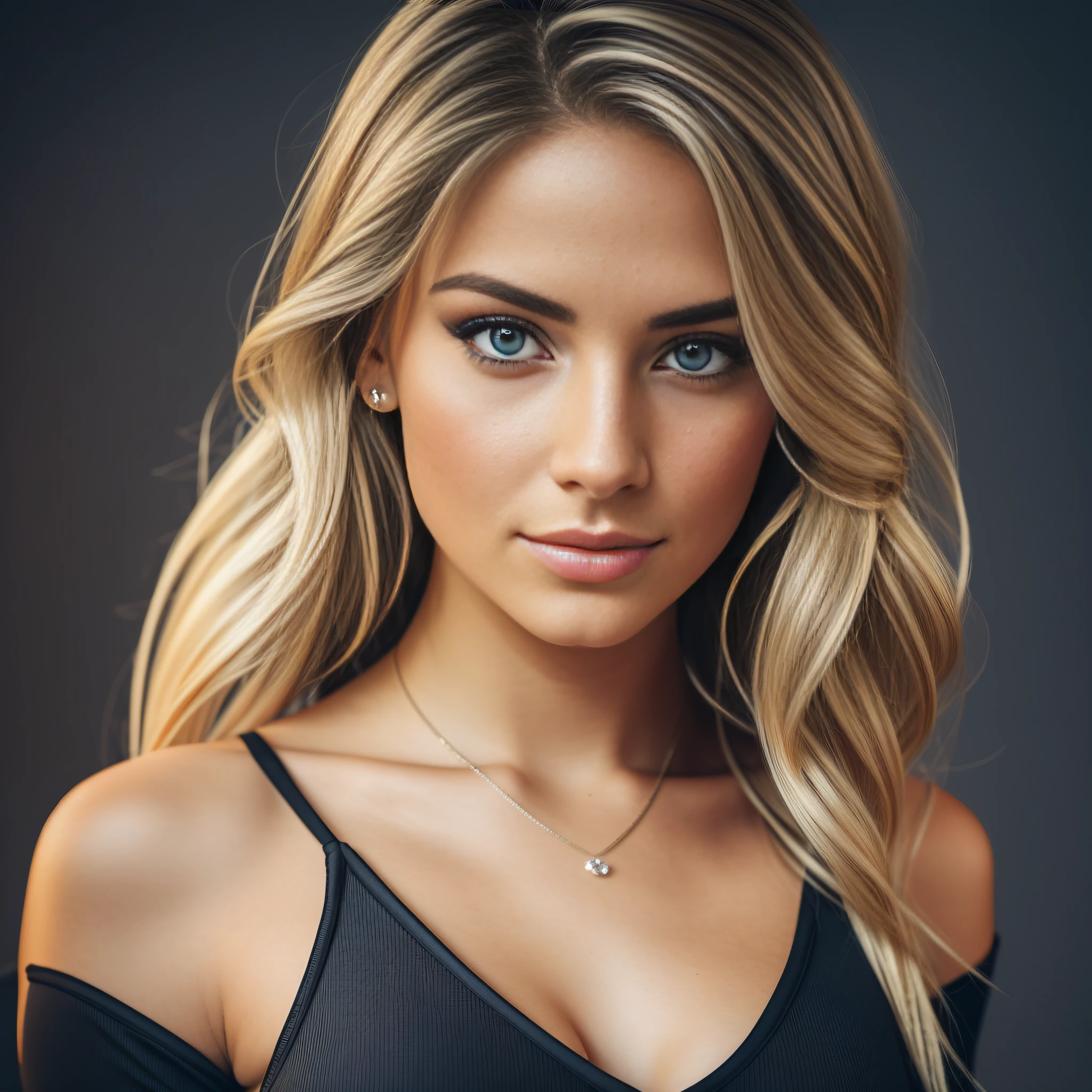 Front bodyshot of a 2 European woman, Point to the camera, blond hair, demure, (Amazing skin details: 1.4), (natural skin: 1.2), (pores: 0.6), makeup, (detailled eyes: 1.2), black backdrop, studio, Lighter Edge, somber atmosphere, (bokeh: 1.2), fotografia, filmic, photorealestic, Ultrarealistic, fit girl, skintight dress, perfect figure