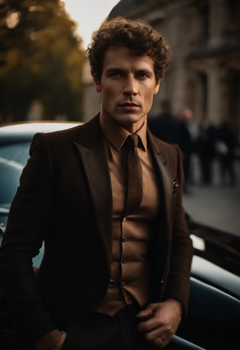 corps entier, wide-angle photo close-up portrait of the body of a handsome man , Grand et en forme, (40 ans:1.1), (shaven:1.2) , (very short brown curly hair:1.5),(very short hair:1.6). Dark brown tight velvet suit, (La veste a des motifs de fleurs noires:1.2). (posing outside the mansion with a luxury car:1.1), crowded street with cafes in the distance, Cold and dark sunset at dusk, (Edge Light:1.1),(Concentrez-vous sur les yeux), (angry look), (hard light on the skin:1.2), (ombres dures, dark themed, Contraste profond:1.1), (photographie de portrait par Annie Liebovitz), Dark mint theme and choral aesthetics, (skin imperfections)