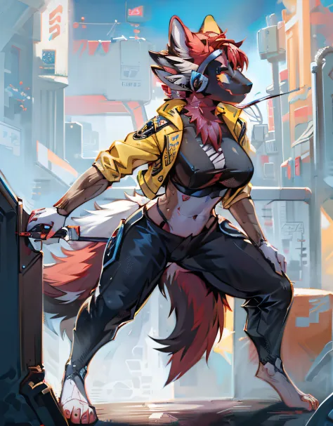 (masterpiece:1.2, best quality:1.2, 2D:1.2, sharp:1.2), (hotify), tail, yellow elements on fur, perfect anatomy, perfect eyes, perfect background, cyberpunk 2077, night city, (morning_environment), apartment, (solo, full body shot), protogen. protogen viso...