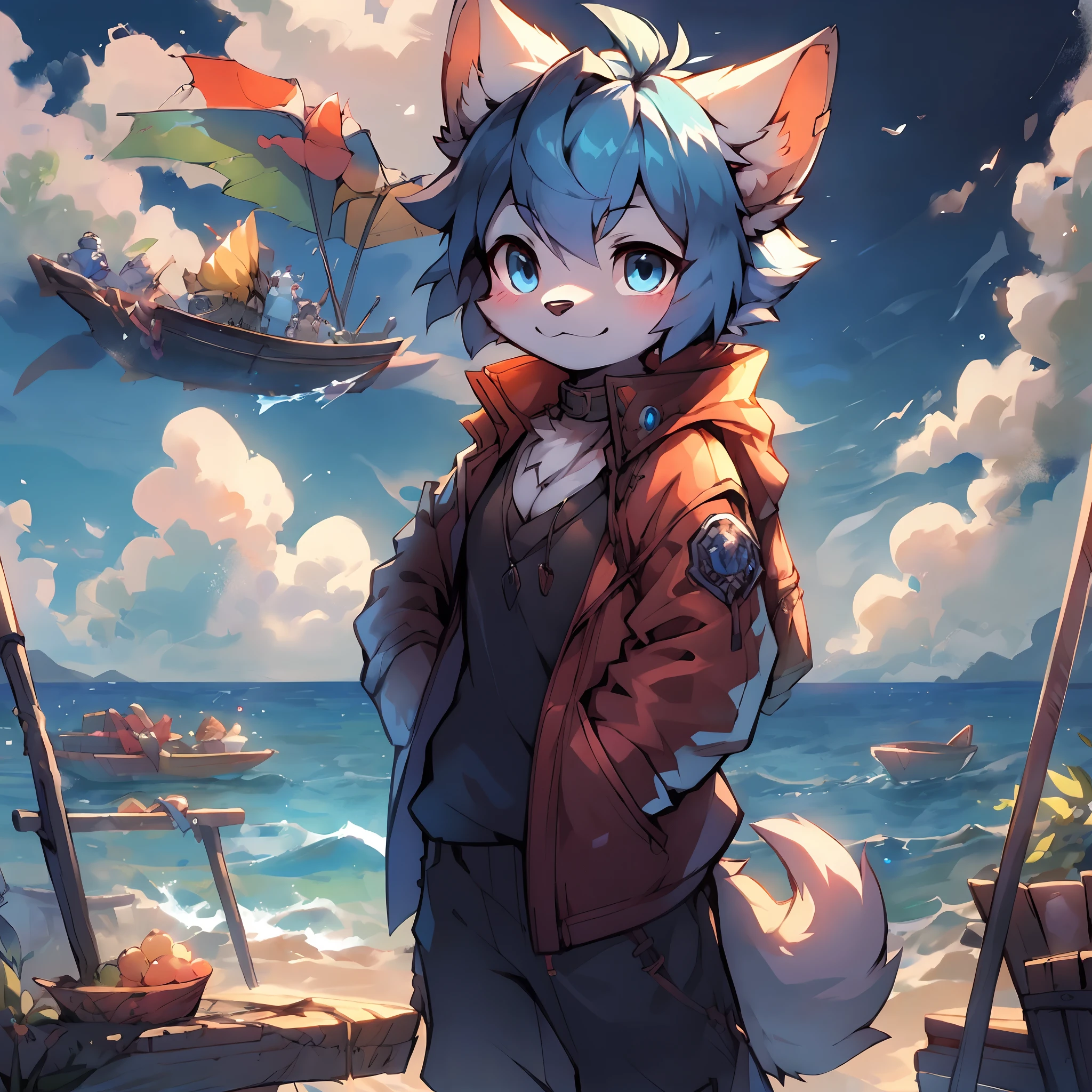 Stand in front of the raft，Libido boy，Animal ear，sea beach，Blue hair ...