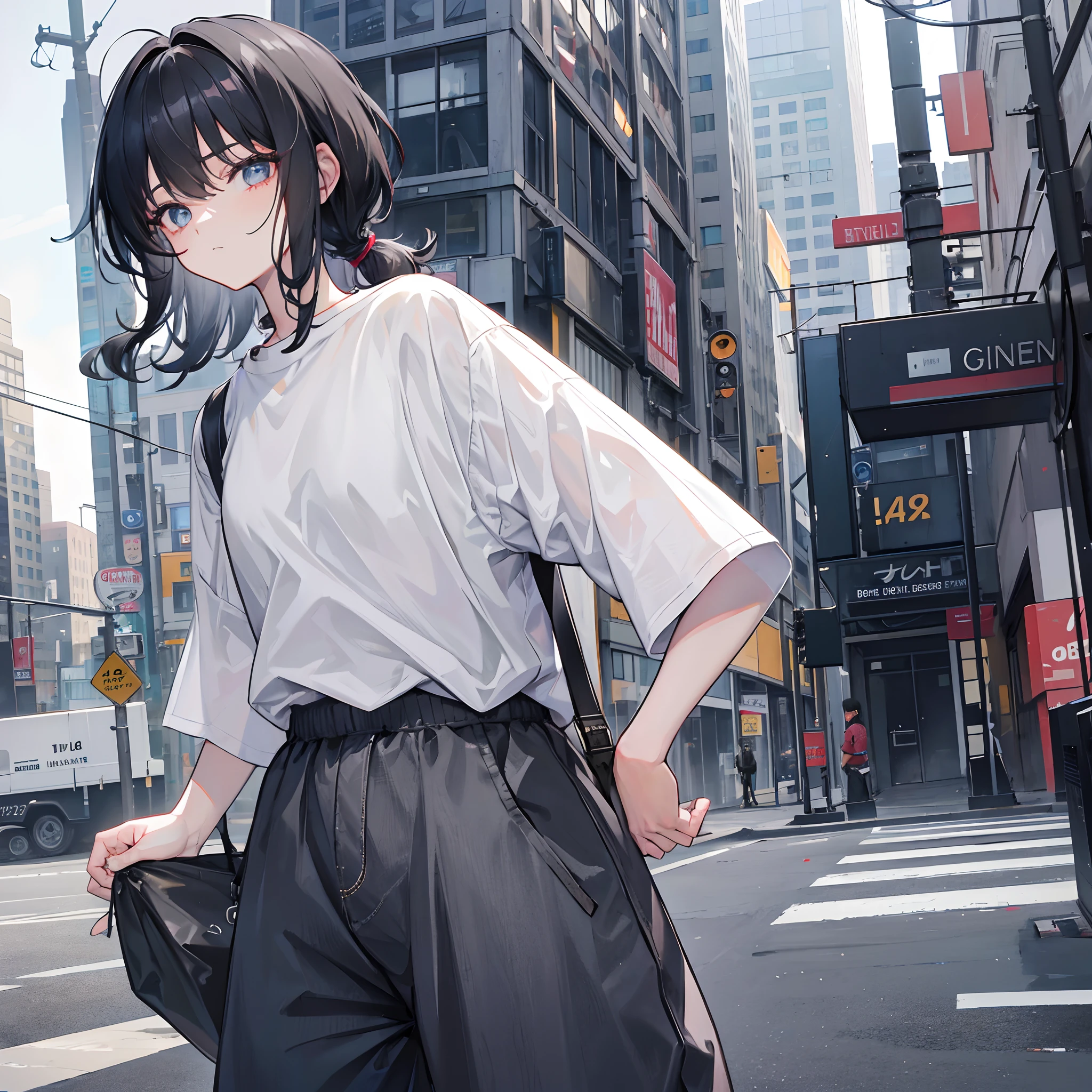 Anime girl in a white shirt and black pants standing on a city street SeaArt AI