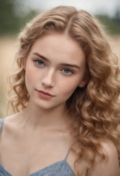 "Full body portrait of a charming 18 year old women with curly hay coloured hair, a late 80s hair style look, small freckles, beautiful face, captivating dark blue eyes, and modest bust size, showcasing her natural beauty."