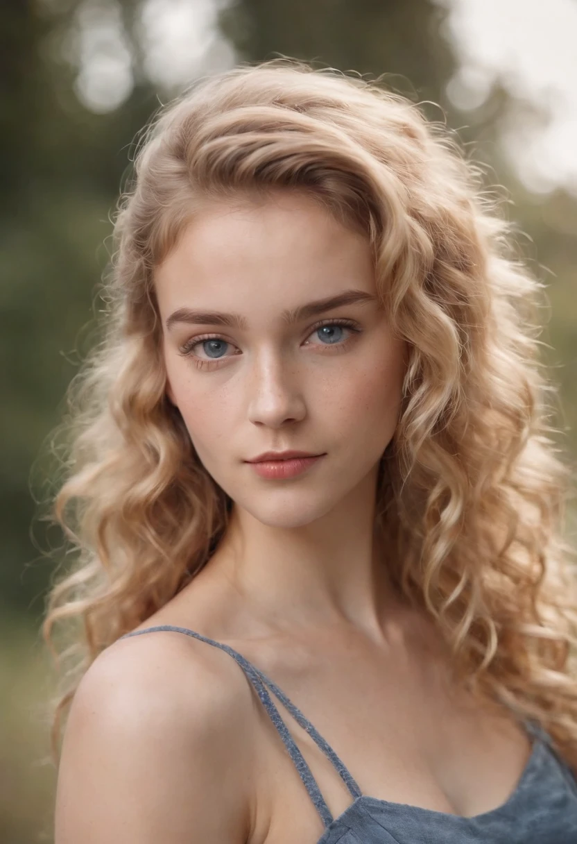 "Full body portrait of a charming 18 year old women with curly hay coloured hair, a late 80s hair style look, small freckles, beautiful face, captivating dark blue eyes, and modest bust size, showcasing her natural beauty."