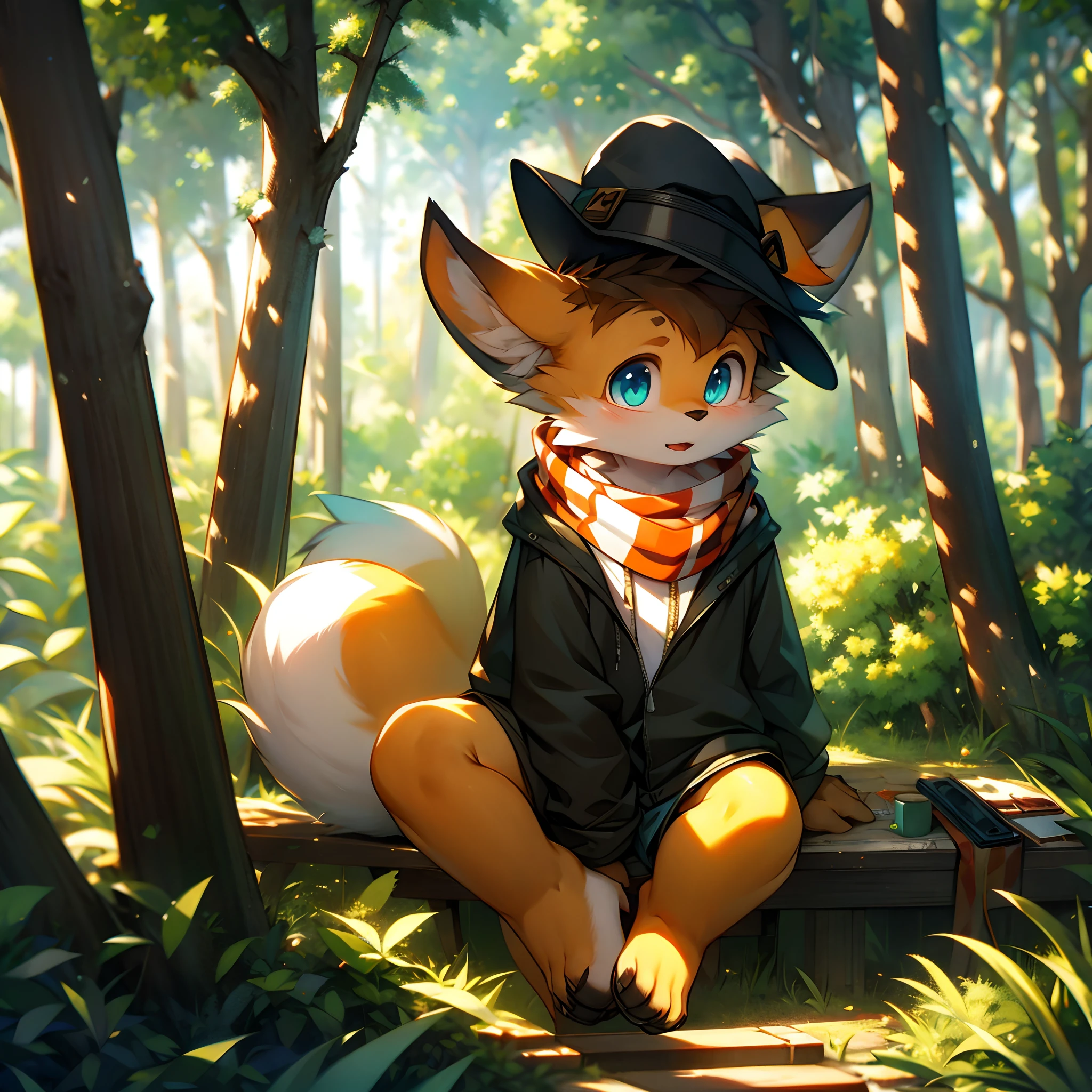 A curious male fox cub pokes its head out of a cozy fox den in the forest. He has orange fur, bushy tail, Cheer up your big furry ears. He wears the green adventurer's hat and scarf. His eyes were bright and surprised as he looked at the study in the dense woods。。, with a sunbeam coming through the trees. Small birds fly nearby，A deer passed by in the distance. The fox cub was excited, Express desire, Get ready to explore the outside world. Breaking anthropology,Furry,feral,(Digital media \(artwork of a\):1.2),(hi，It's nothing,absurd res:1.2),Perfect anatomy,Anatomically correct,Detailed,Detailed face,Detailed eyes,(Realistic fur,Detailed fur:1.25),Detailed background,amazing background. Break